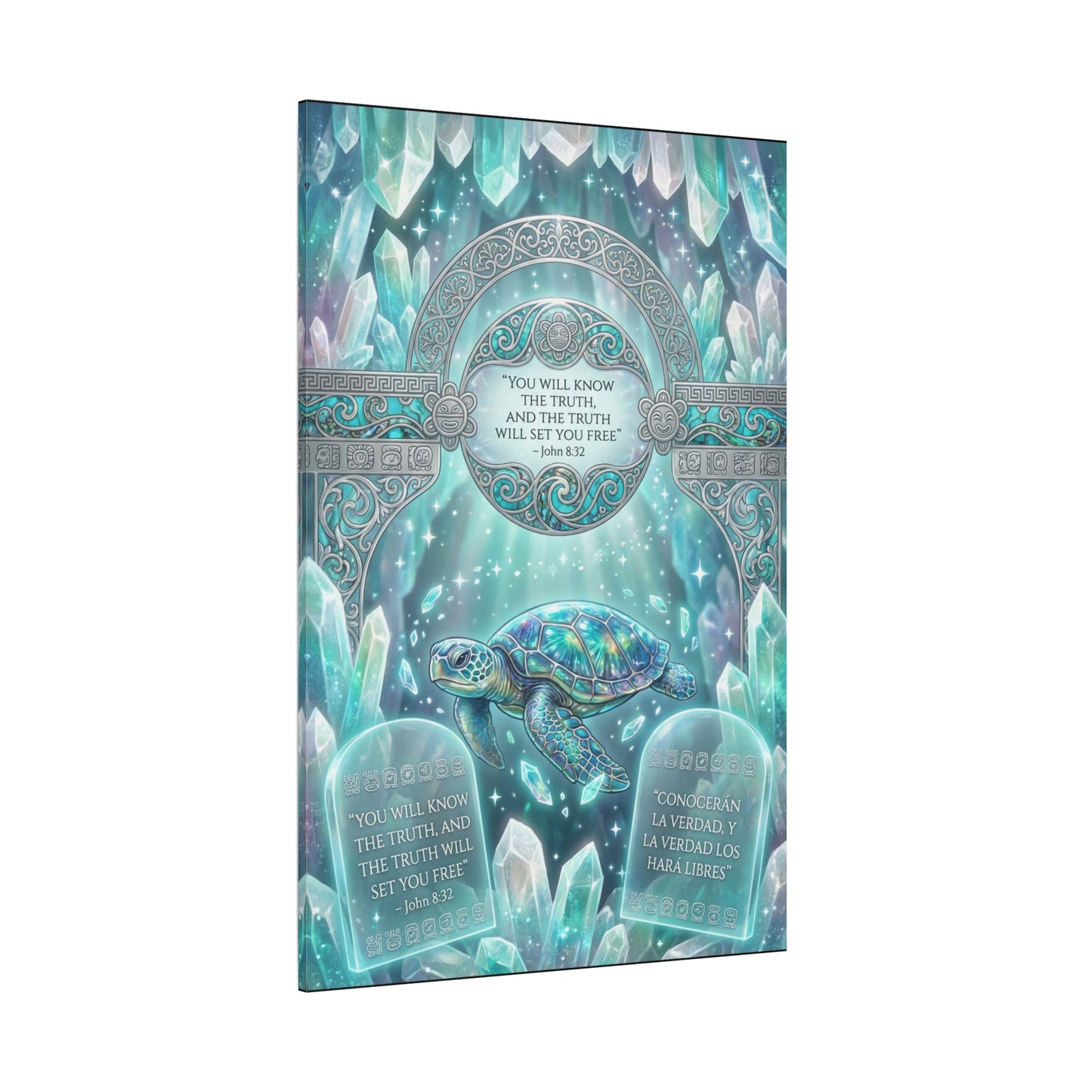 "You Will Know The Truth, And The Truth Will Set You Free" Sea Turtle Canvas Wall Art - John 8:32 Scripture Decor, Crystal Ocean Fantasy Style, Bedroom Wall Hanging, Meditation Space - Ready to Hang