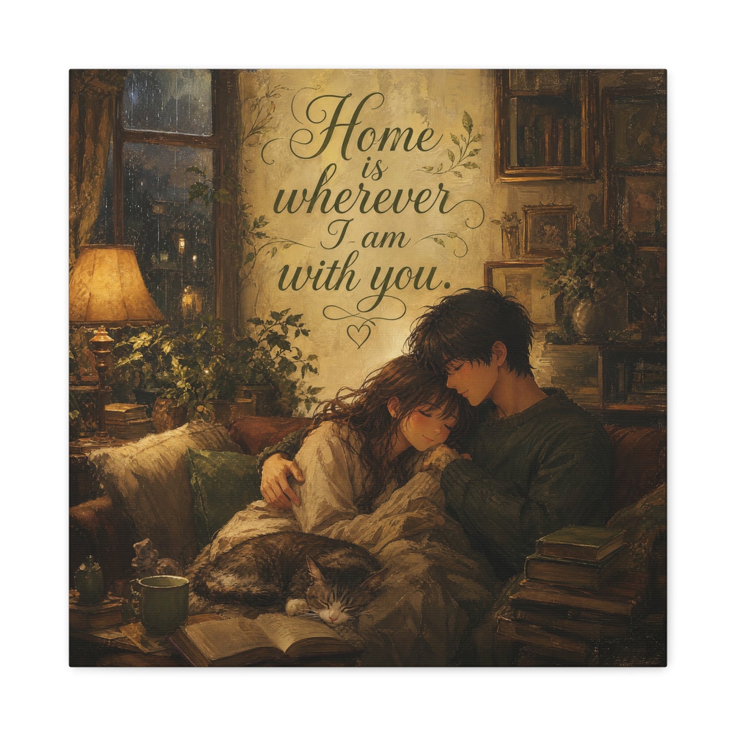 "Home Is Wherever I Am With You." Couple Canvas Wall Art - Romantic Cozy Reading Nook Quote Print - Vintage Warm Lamplight Style - Living Room Wall Decor, Bedroom Home Decoration - Ready to Hang