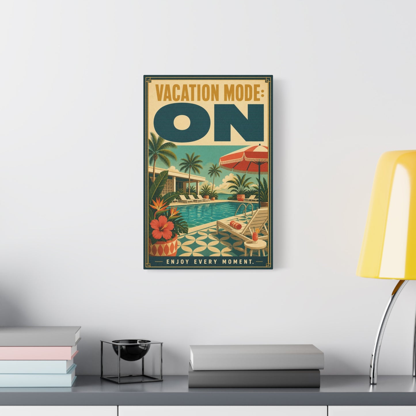 "Vacation Mode: On" Tropical Poolside Canvas Wall Art - Retro Resort Poster Print, Palm Tree Coastal Decor, Vintage Travel Style, Living Room Wall Decor, Vacation Rental Decoration - Ready to Hang