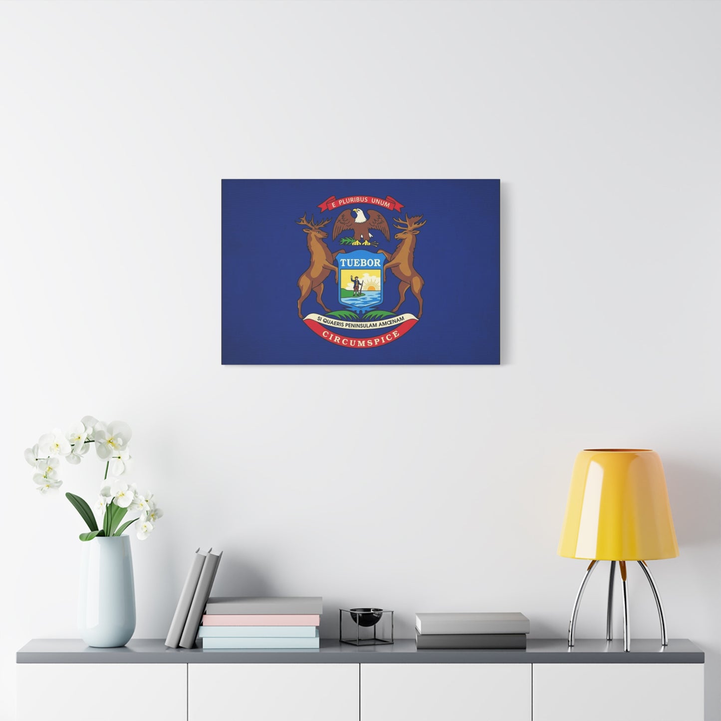 "E Pluribus Unum" Michigan State Flag Canvas Wall Art - Blue Crest With Elk Eagle And "Tuebor" - Vintage Heraldic Decor, Living Room Wall Decor, Office Art - Bedroom Home Decoration - Ready to Hang