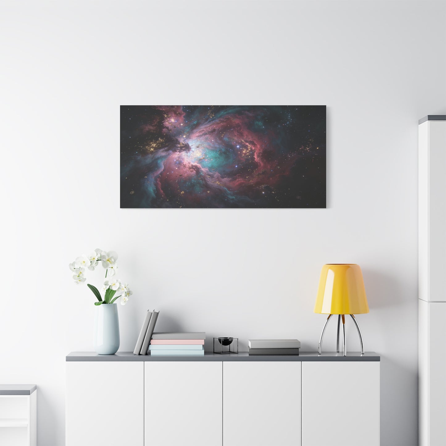 Cosmic Nebula Canvas Wall Art - Abstract Galaxy Space Cloud Canvas Print - Teal Pink Gold Celestial Swirl - Contemporary Panoramic Wall Decor - Living Room Bedroom Office Accent - Ready to Hang