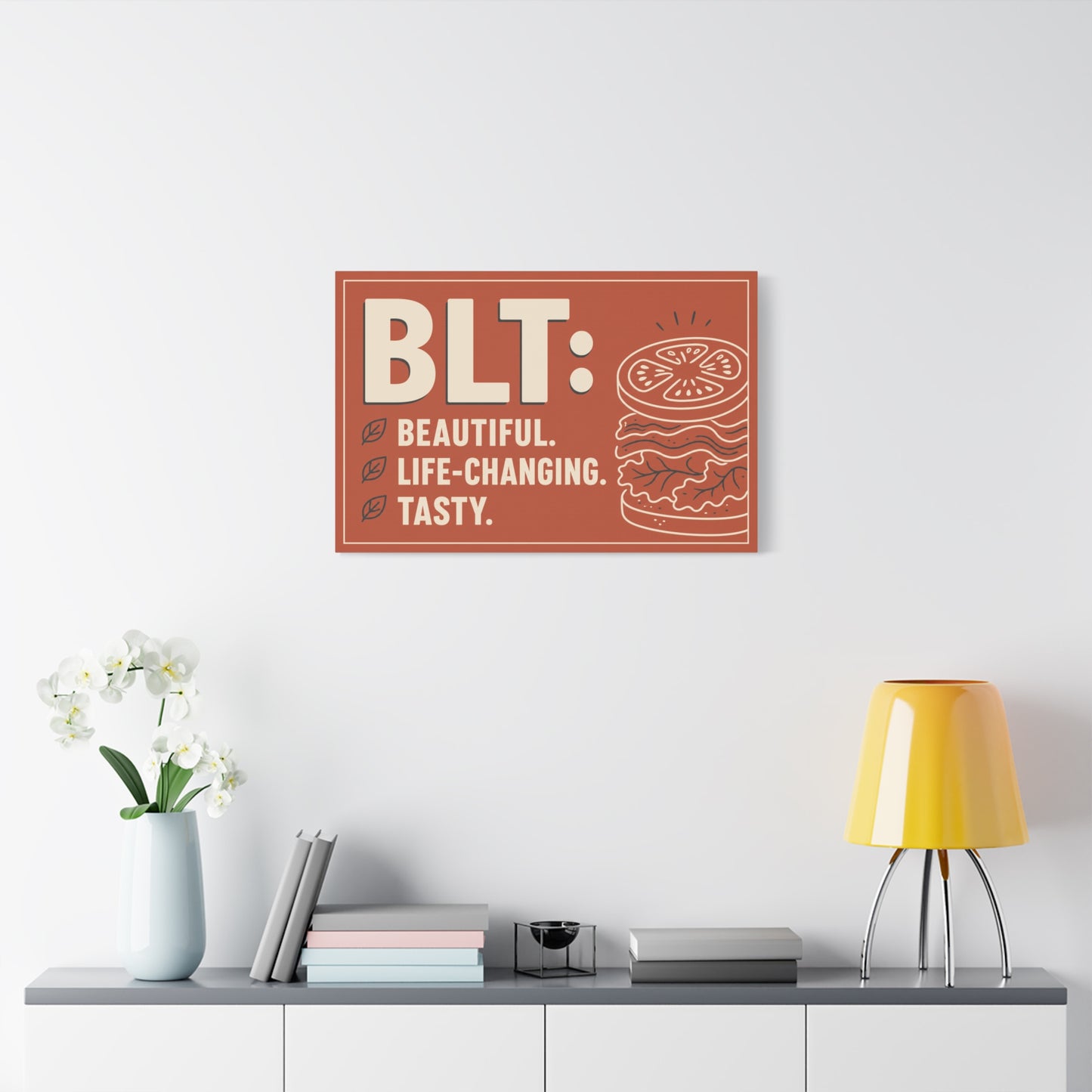"BLT: Beautiful. Life-Changing. Tasty." Canvas Wall Art - Retro Sandwich Decor - Typography Food Illustration - Modern Farmhouse Style - Deli Wall Decor - Sandwich Shop Sign - Gallery Wrapped Canvas