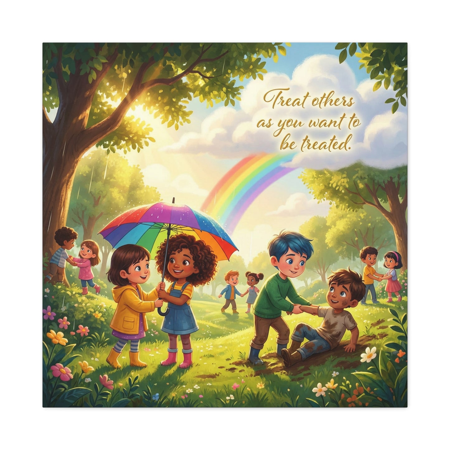 "Treat Others As You Want To Be Treated" Kids Canvas Wall Art - Rainbow Kindness Quote, Children Helping In Sunny Park - Matte Cotton Print - Playroom Classroom Decor, Nursery Wall Hanging