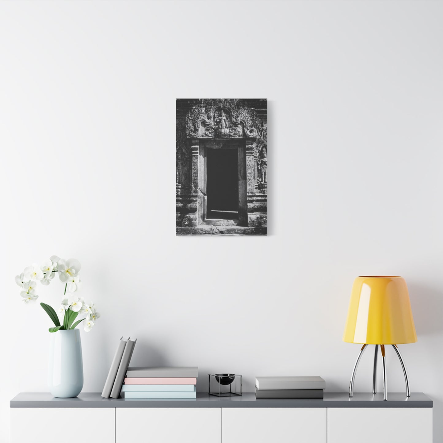 Buddhist Temple Doorway Canvas Wall Art - Black And White Stone Carving, Religious Architecture Print, Traditional Monochrome Decor - Living Room Wall Decor, Office Art - Bedroom Home Decoration
