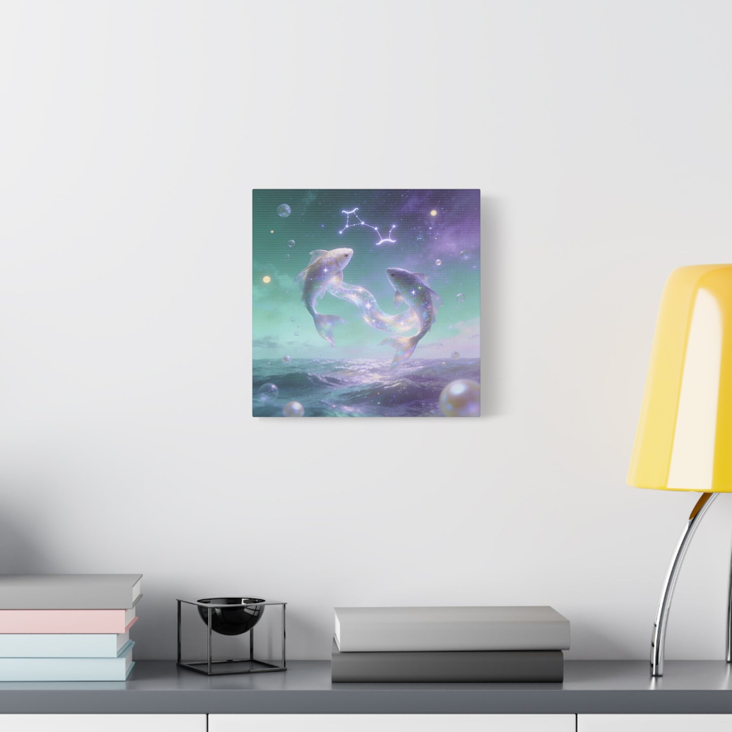 Pisces Fish Canvas Wall Art - Celestial Ocean Zodiac Illustration, Dreamy Aurora Nightscape, Matte Cotton Print, Mystical Bedroom Accent, Meditation Space Piece, Office Interior Style - Ready to Hang