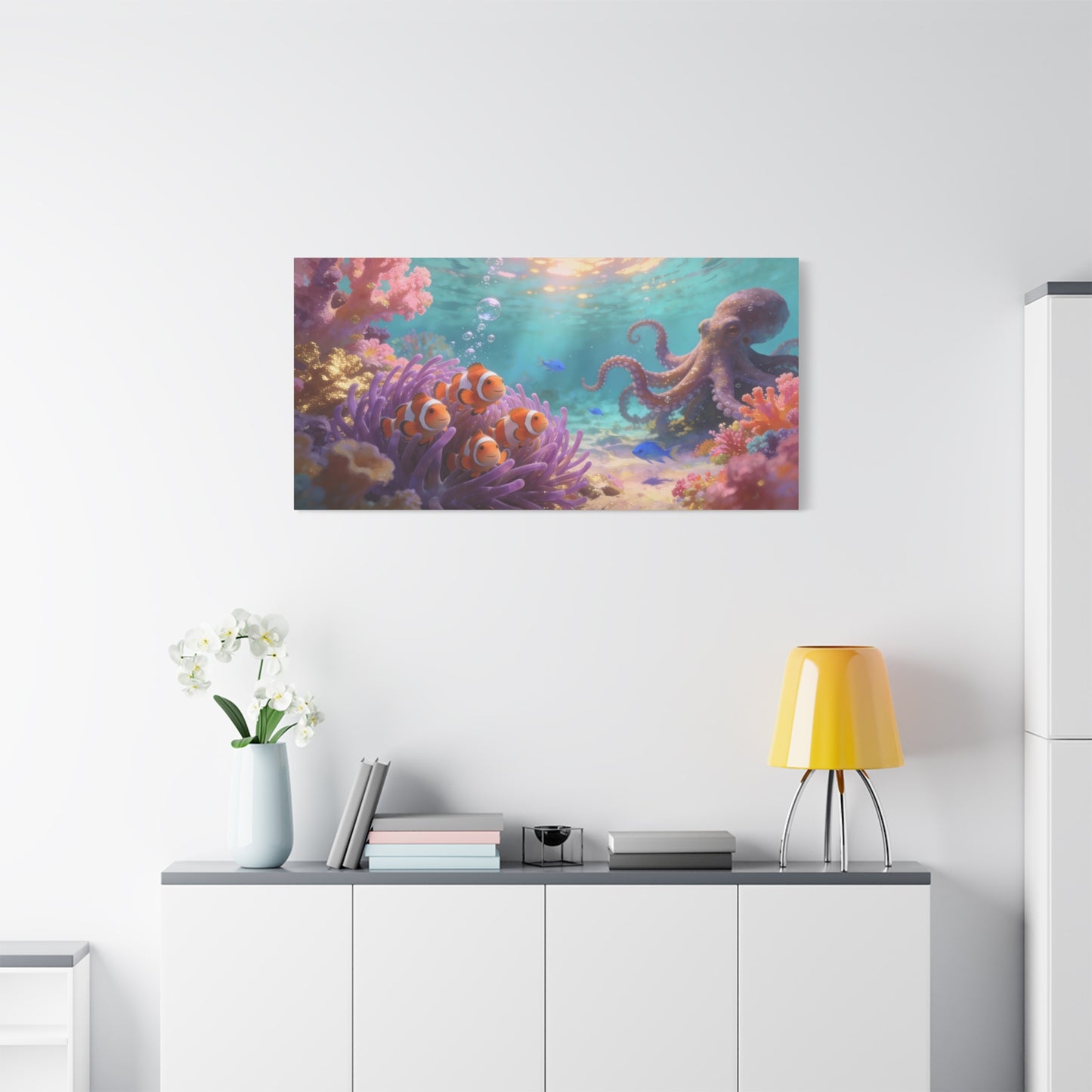 Clownfish And Octopus Canvas Wall Art - Whimsical Underwater Coral Reef Scene, Ocean Nursery Decor, Coastal Style, Matte Canvas Print, Bedroom Decoration, Playroom Accent, Office Art - Ready to Hang