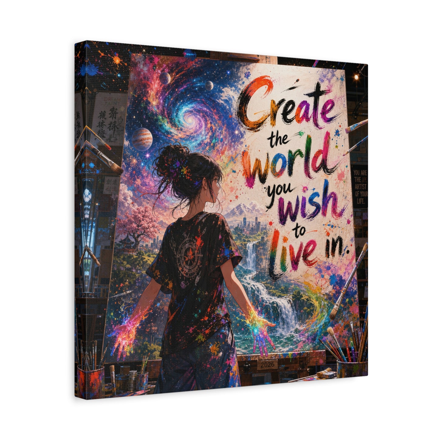 "Create The World You Wish To Live In" Inspirational Canvas Wall Art - Colorful Cosmic Artist Girl Quote Print - Modern Typography Decor - Bedroom Home Decoration, Creative Office Accent
