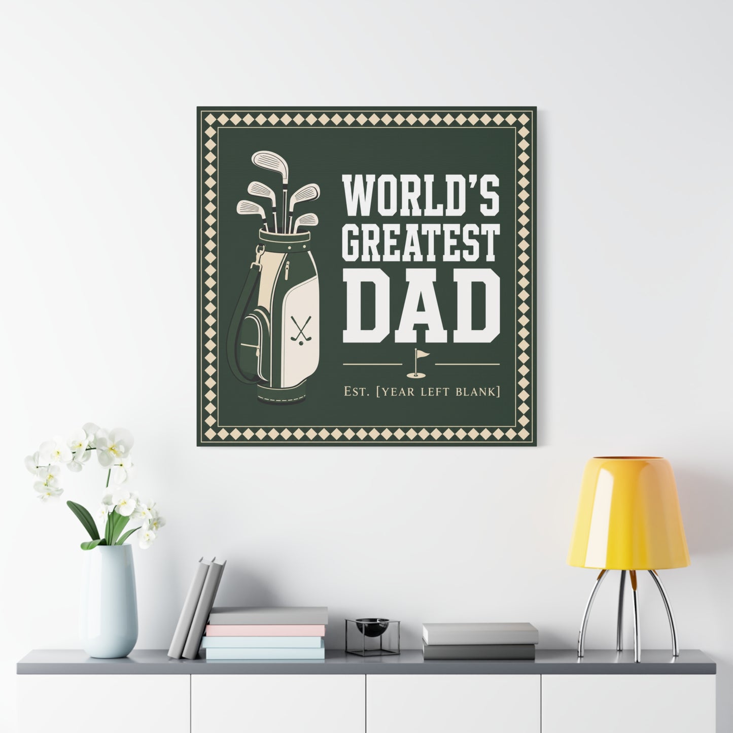 "World's Greatest Dad" Golf Canvas Wall Art - Personalized Father Quote Print, Green Vintage Sports Decor - Typography Illustration - Office Wall Decor - Ready to Hang - Bedroom Home Decoration