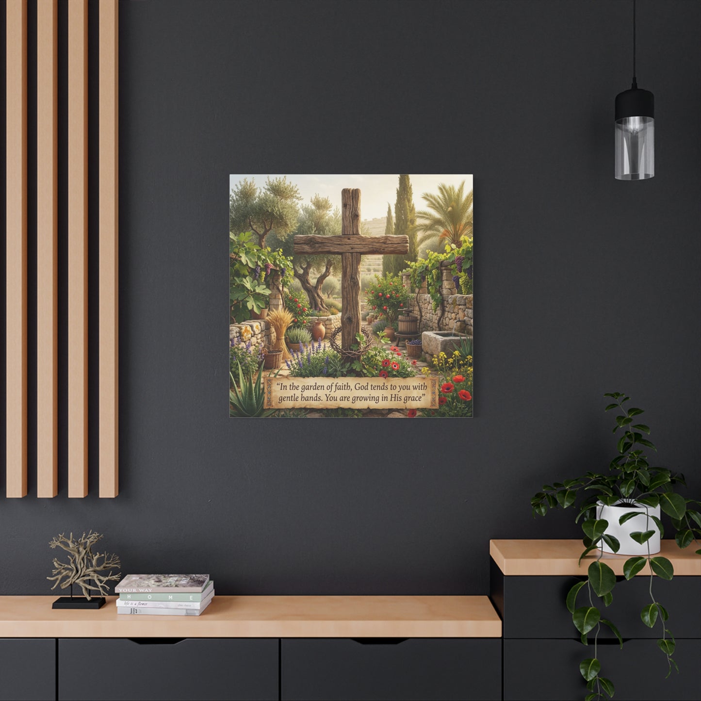 "In The Garden Of Faith, God Tends To You With Gentle Hands. You Are Growing In His Grace" Canvas Wall Art - Rustic Wooden Cross, Christian Garden Scene - Living Room Wall Decor - Ready to Hang
