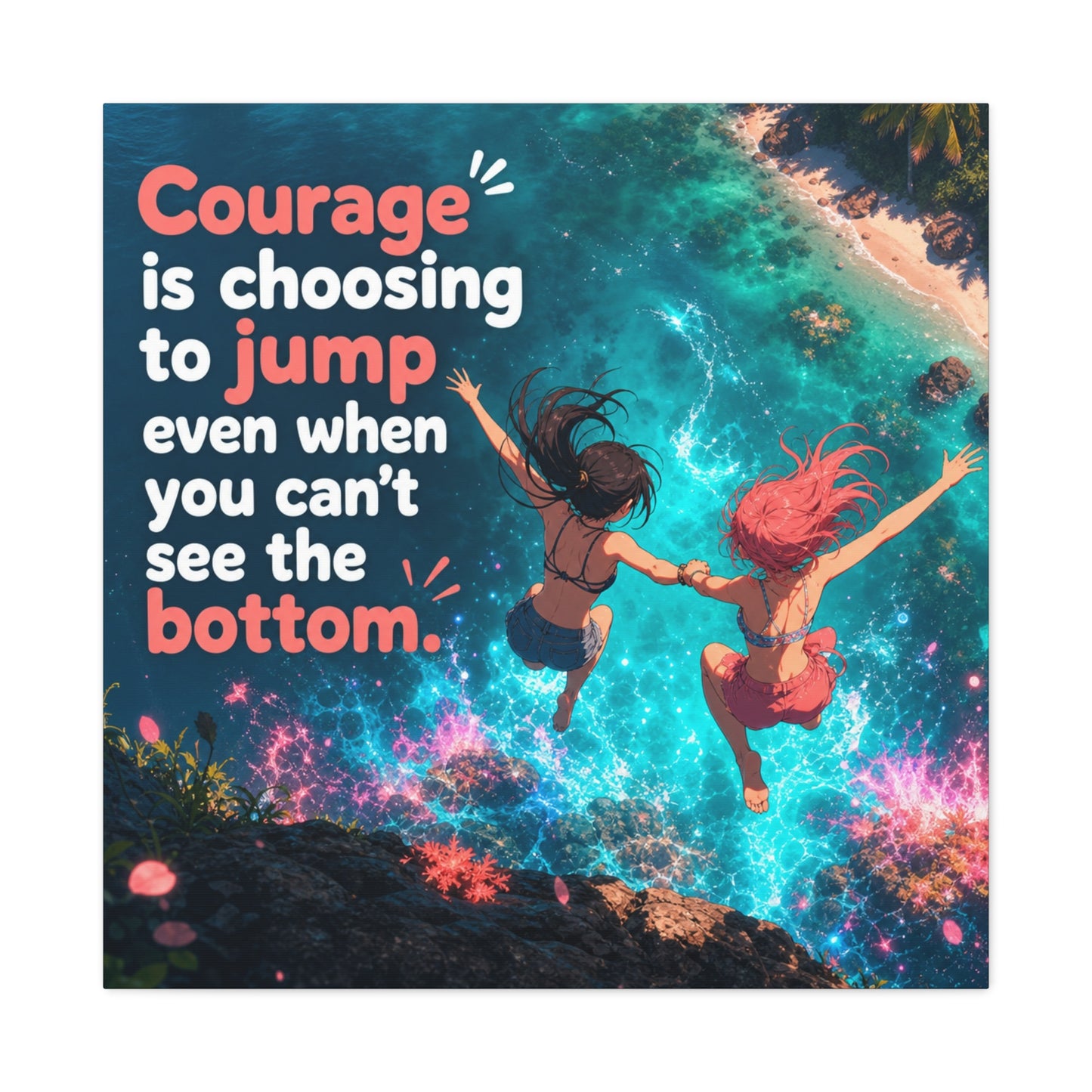 "Courage Is Choosing To Jump Even When You Can't See The Bottom" Canvas Wall Art - Coastal Quote Illustration, Inspirational Ocean Cliff Scene, Bedroom Wall Decor, Teen Space Accent - Ready to Hang