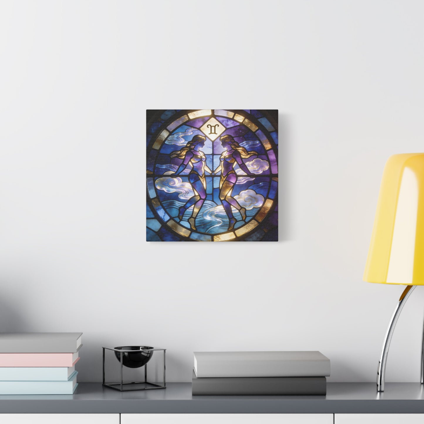 Gemini Zodiac Canvas Wall Art - Stained Glass Twin Women Celestial Print, Blue Purple Gold Astrology Decor - Modern Mystical Artwork - Bedroom Home Decoration Office Wall Art - Bedroom Home Decoration