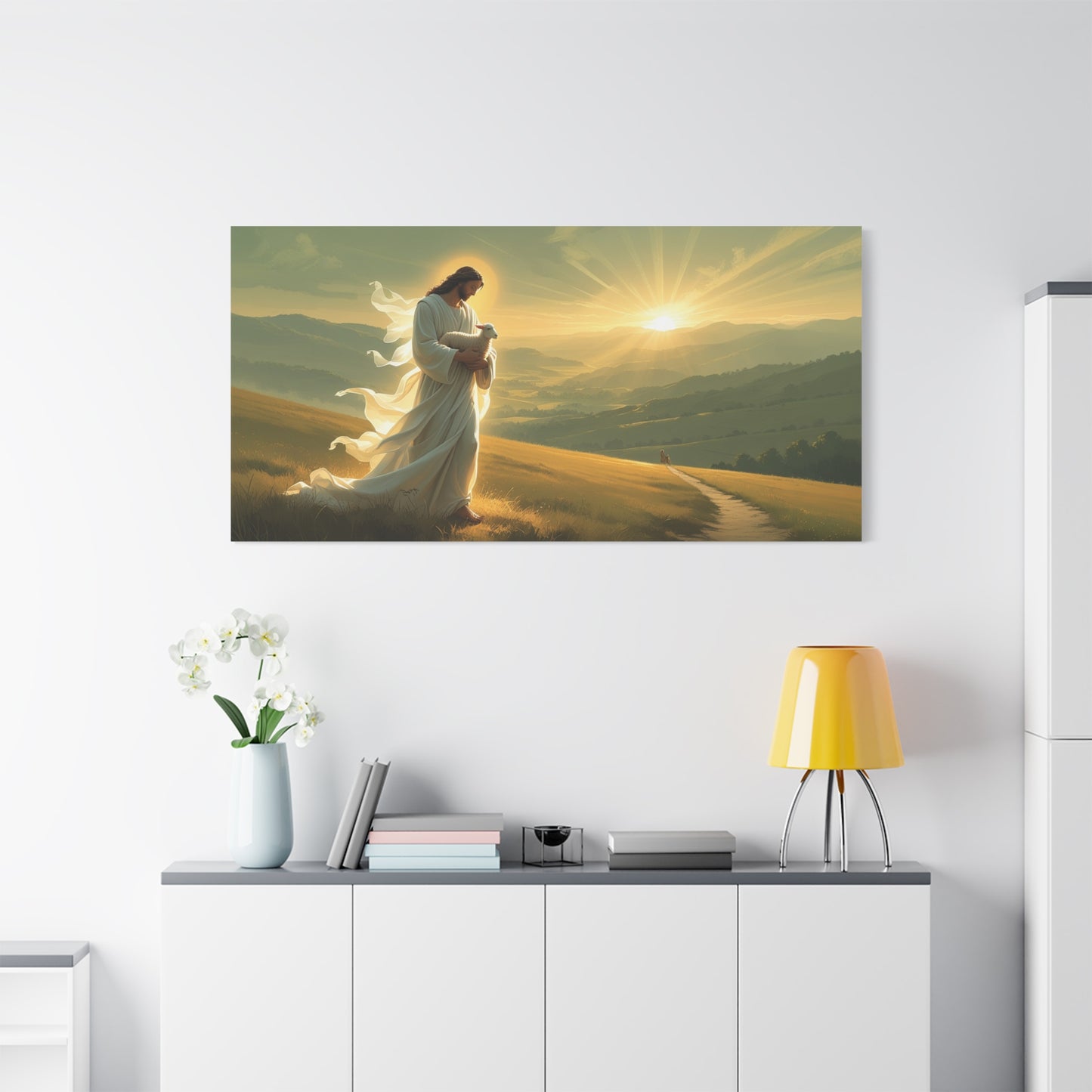 Jesus Holding Lamb Canvas Wall Art - Christian Sunset Landscape Print, Golden Light Faith Decor - Matte Cotton Canvas - Traditional Living Room Wall Decor, Bedroom Home Accent - Modern Farmhouse Style