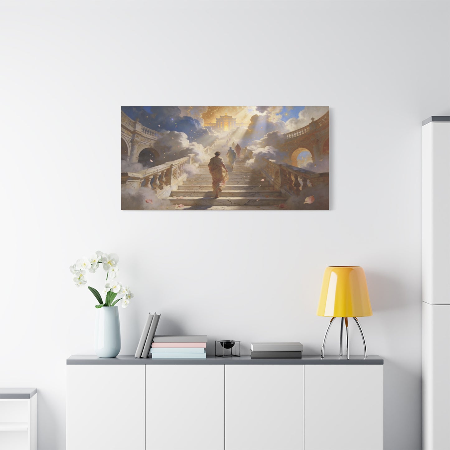 Celestial Stairway Canvas Wall Art - Figures Ascending Through Clouds, Golden Temple Light - Matte Cotton Art Print - Classical Fantasy Style - Living Room Wall Decor, Office Accent - Ready to Hang