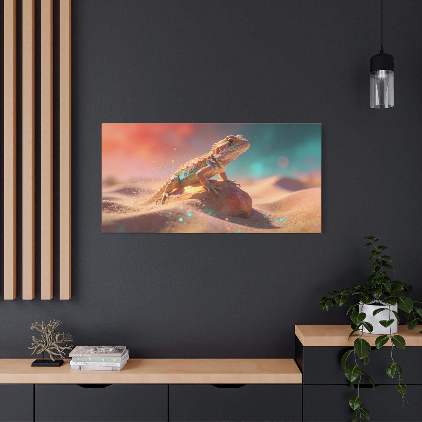 Colorful Desert Lizard Canvas Wall Art - Dreamy Wildlife Illustration, Matte Finish Canvas Print - Contemporary Fantasy Style - Living Room Wall Decor, Bedroom Home Decoration - Modern Farmhouse Style