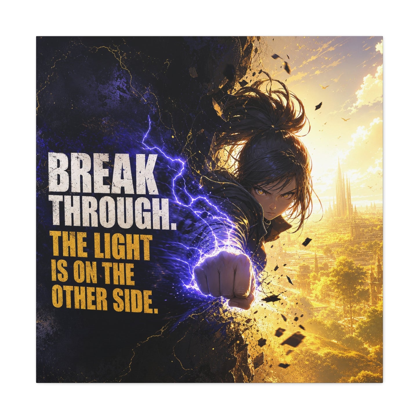 "Break Through. The Light Is On The Other Side." Anime Canvas Wall Art - Motivational Fantasy Girl Poster Print, Dramatic Gold Lightning, Contemporary Bedroom Decor, Teen Room Accent - Office Wall Art