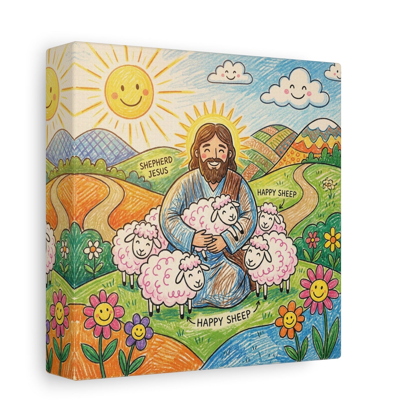 "Shepherd Jesus" "Happy Sheep" Jesus Canvas Wall Art - Christian Kids Nursery Decor, Colorful Religious Print - Matte Cotton Canvas - Playroom Bedroom Classroom Decoration - Living Room Wall Decor