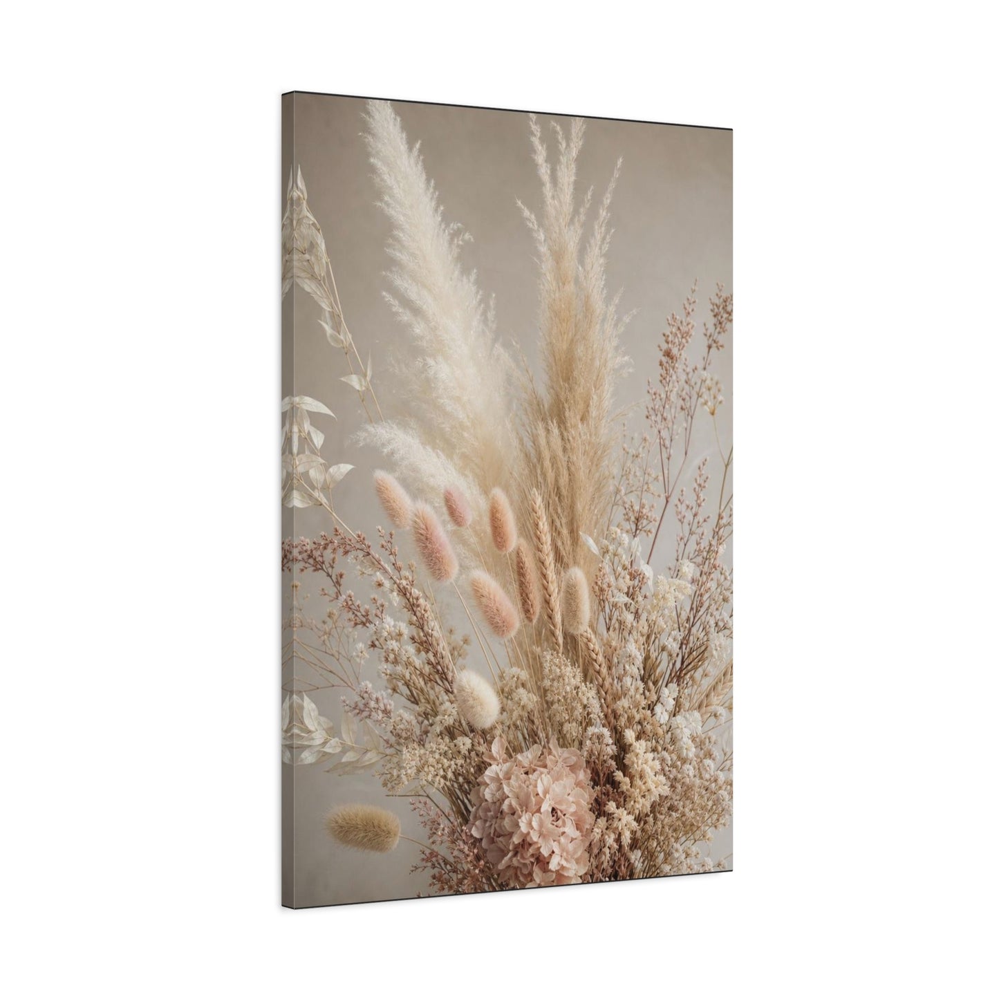Dried Pampas Grass Floral Canvas Wall Art - Neutral Botanical Bouquet, Blush Bunny Tail Stems, Cotton Canvas Print - Bohemian Farmhouse Style - Bedroom Wall Decor, Spa Accent - Bedroom Home Decoration
