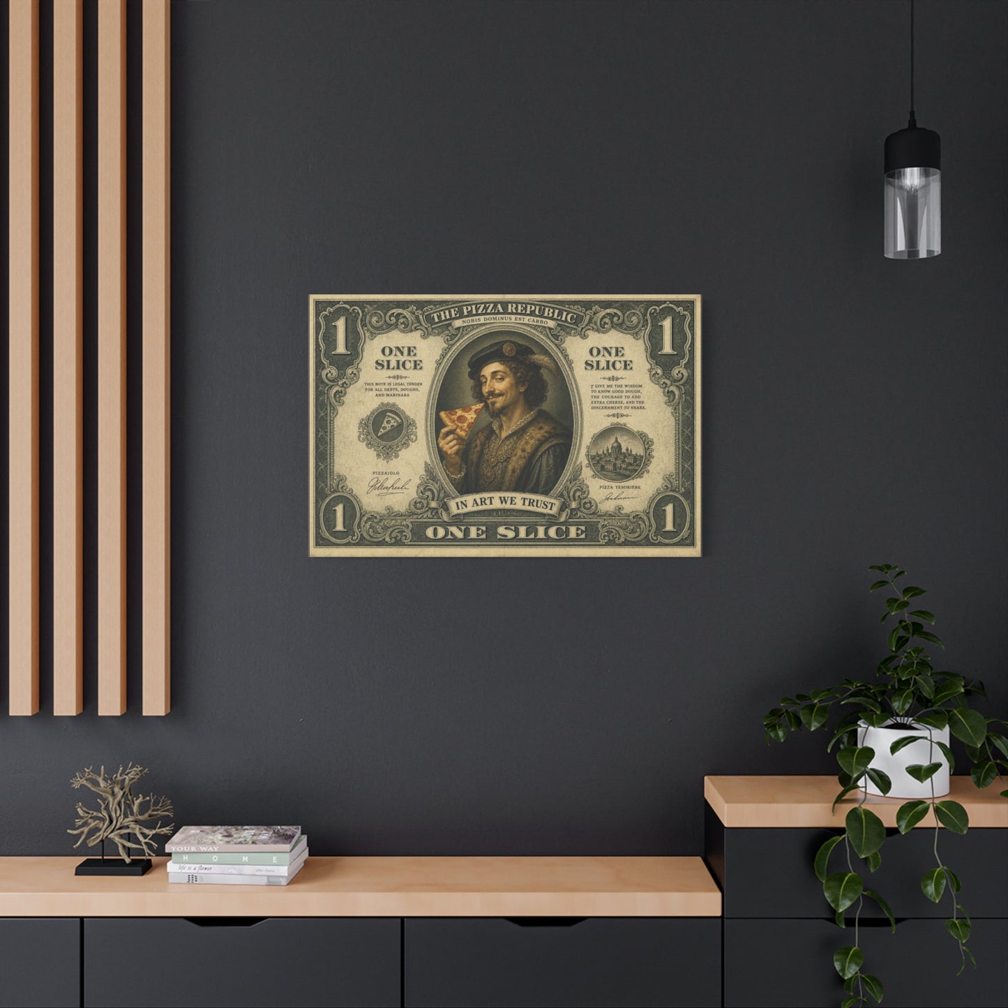 "The Pizza Republic" One Slice Vintage Canvas Wall Art - Renaissance Pizza Portrait, Typography Money Note Design - Matte Cotton Print - Kitchen Decor, Cafe Wall Decor - Bedroom Home Decoration