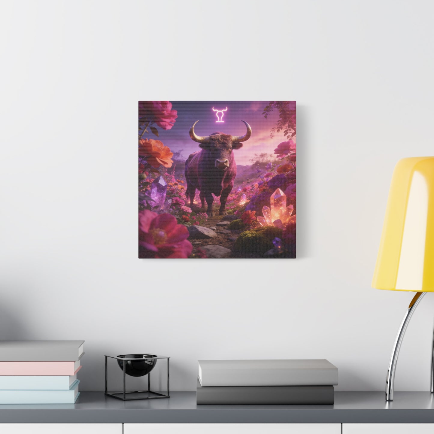 Taurus Zodiac Bull Canvas Wall Art - Neon Taurus Symbol, Floral Crystal Fantasy Print - Dreamy Purple Pink Celestial Decor - Bedroom Home Decoration, Bohemian Living Room Accent - Office Wall Art