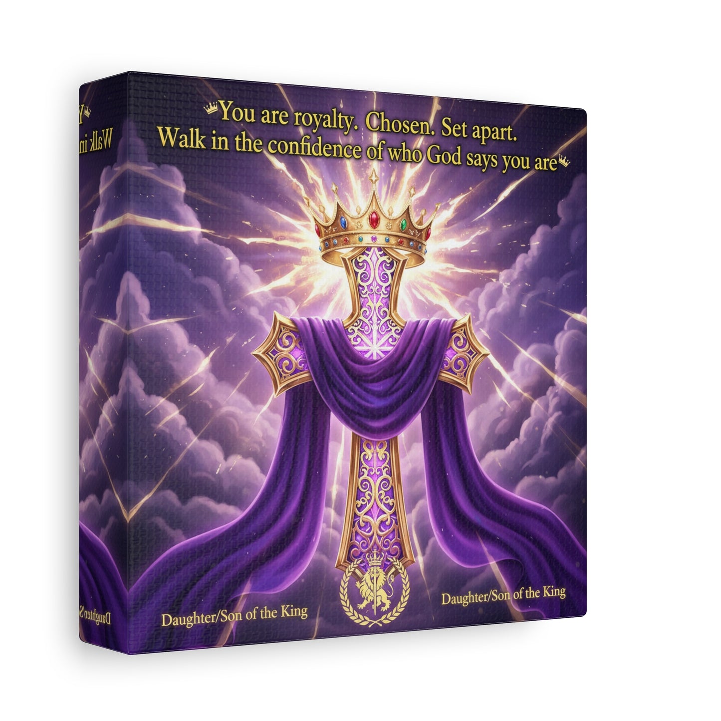 "You Are Royalty. Chosen. Set Apart." Christian Canvas Wall Art - Crowned Cross With Purple Draped Cloth, Daughter Son Of The King Quote - Religious Wall Decor For Bedroom, Office - Ready to Hang