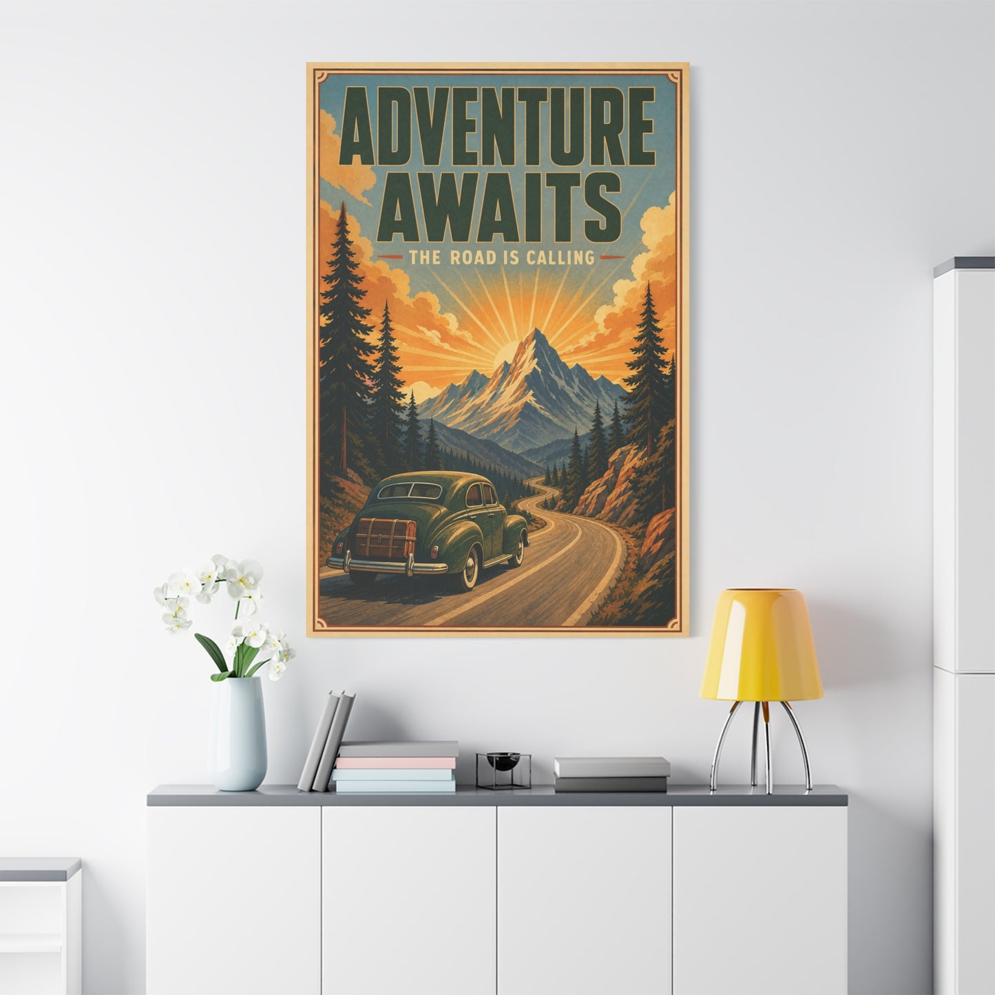 "Adventure Awaits The Road Is Calling" Vintage Travel Canvas Wall Art - Mountain Road Sunrise, Retro Car Poster Print - Adventure Decor, Living Room Wall Decor, Office Art - Bedroom Home Decoration