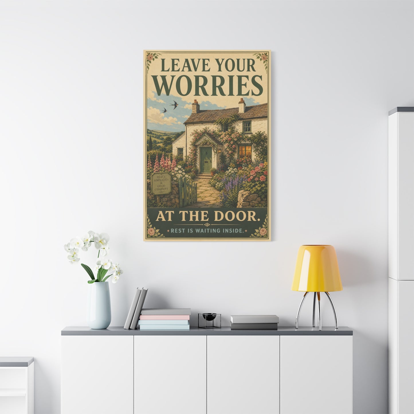 "Leave Your Worries At The Door. Rest Is Waiting Inside." Canvas Wall Art - Vintage Cottage Garden Quote Print, Floral Farmhouse Style, Bedroom Home Decoration, Entryway Decor - Living Room Wall Decor