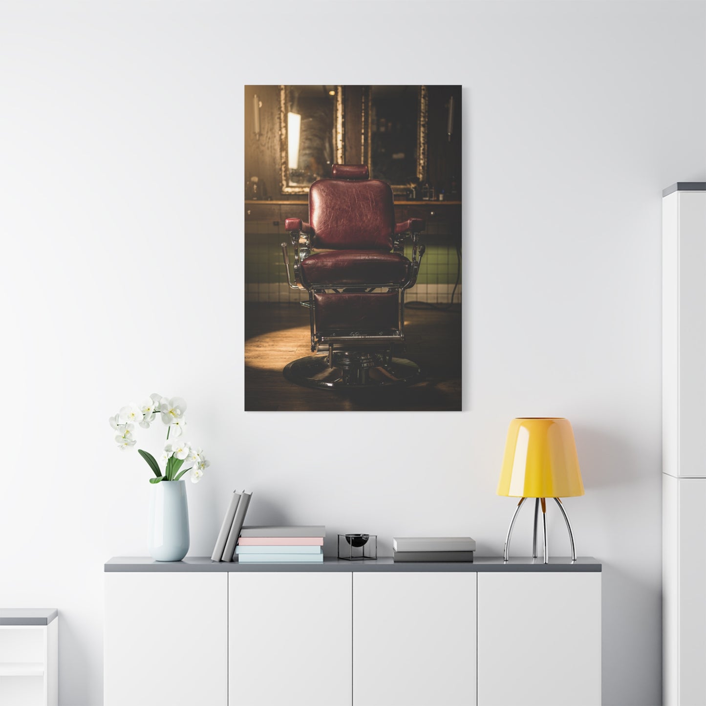 Vintage Barber Chair Canvas Print - Moody Barbershop Interior Art Print, Burgundy Leather Seat, Warm Cinematic Lighting - Rustic Contemporary Decor - Salon Wall Accent, Home Office Display