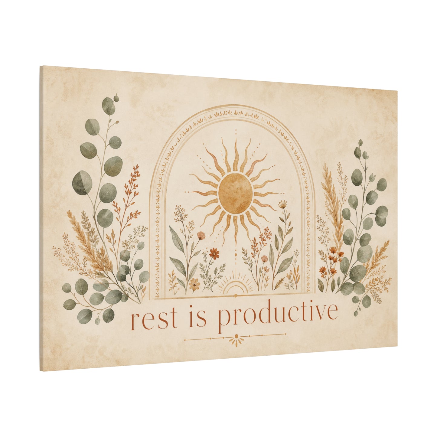 "Rest Is Productive" Inspirational Canvas Wall Art - Boho Sun And Botanical Arch Print - Neutral Typography Decor - Bedroom Living Room Decoration - Office Wall Art - Bedroom Home Decoration