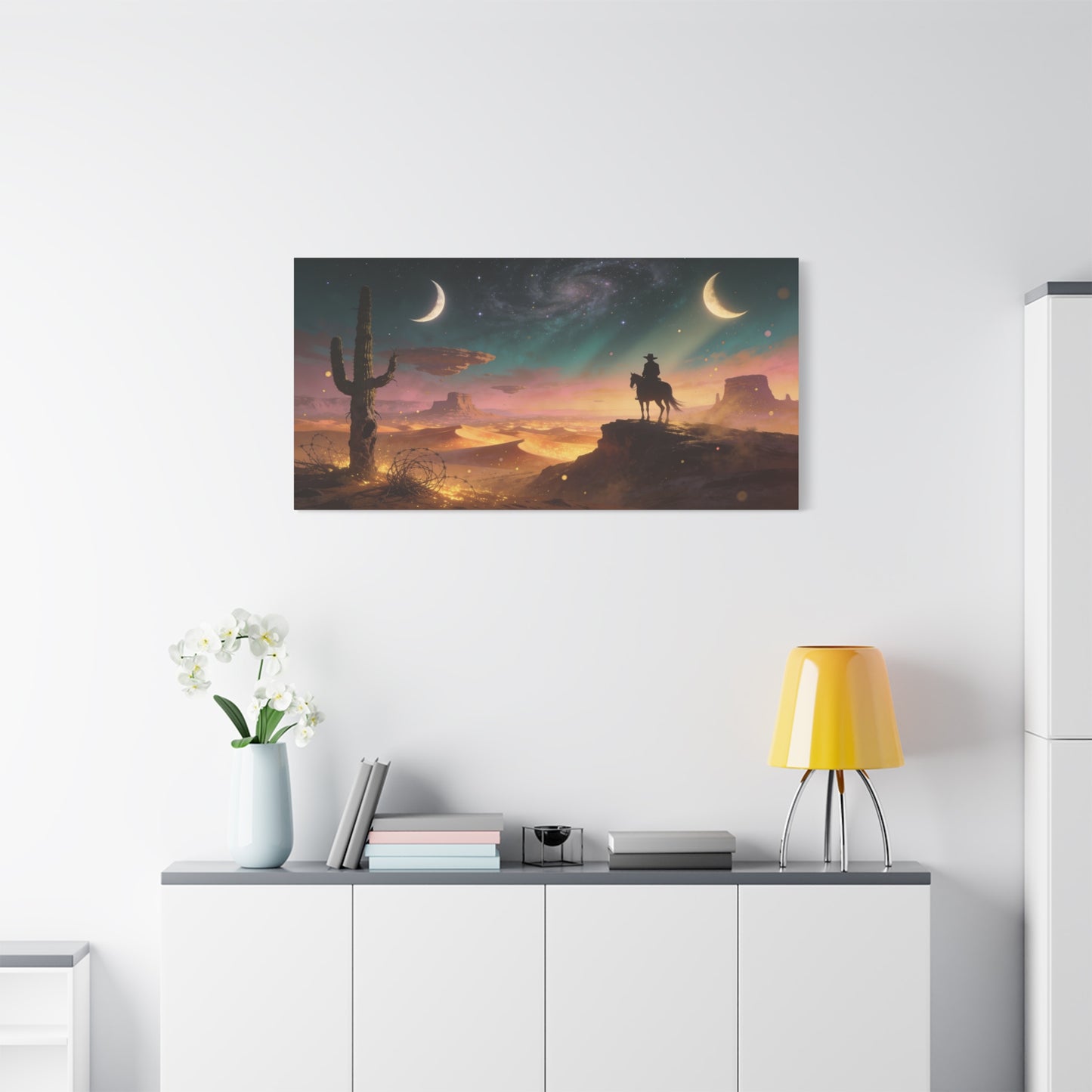 Surreal Desert Cowboy Canvas Wall Art - Crescent Moons, Galaxy Sky, Saguaro Silhouette - Matte Cotton Art Print - Contemporary Western Style, Living Room Wall Decor, Office Accent - Ready to Hang