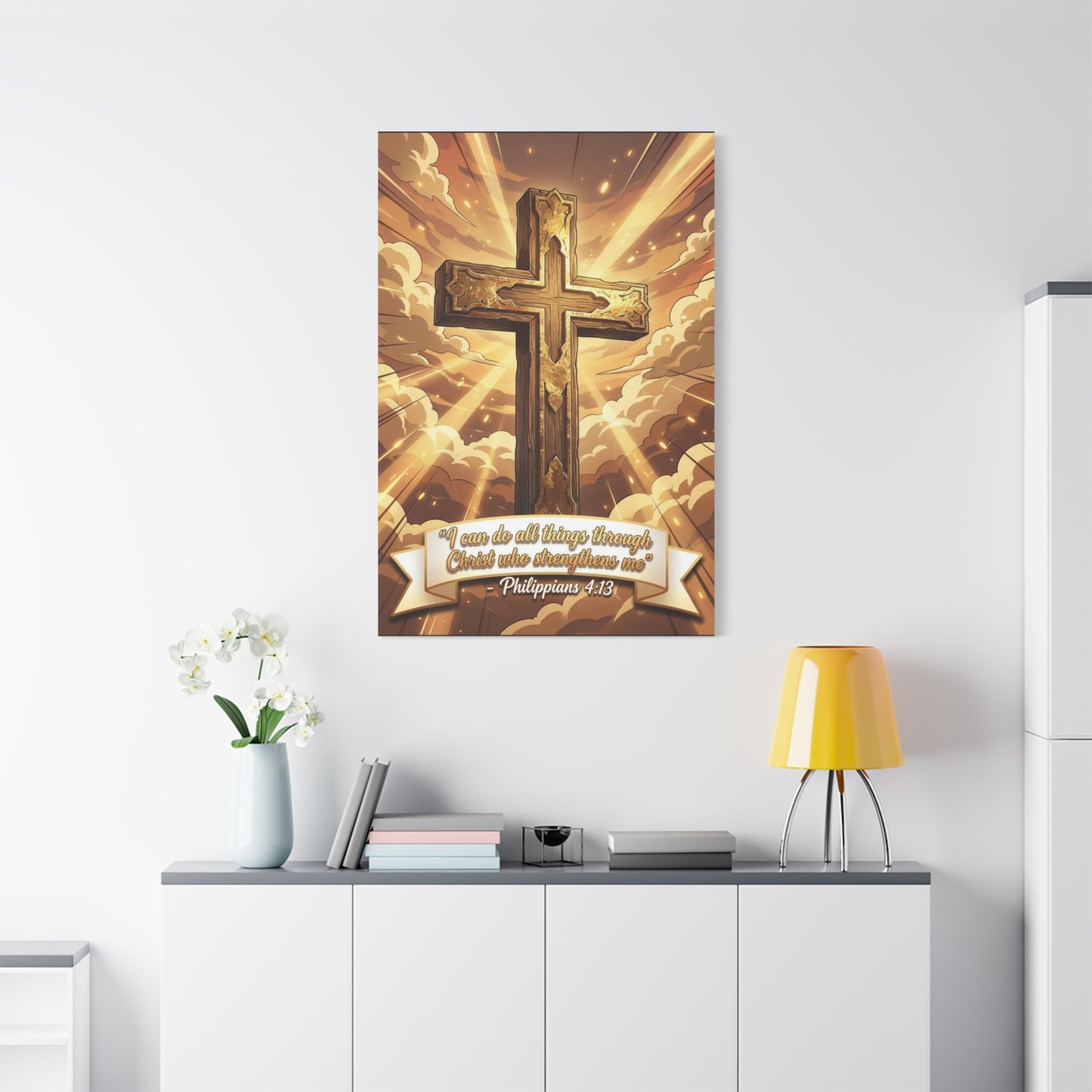 "I Can Do All Things Through Christ Who Strengthens Me" Cross Canvas Wall Art - Philippians 4:13 Scripture Decor, Golden Sky Christian Home Accent, Traditional Bedroom Living Room Decoration