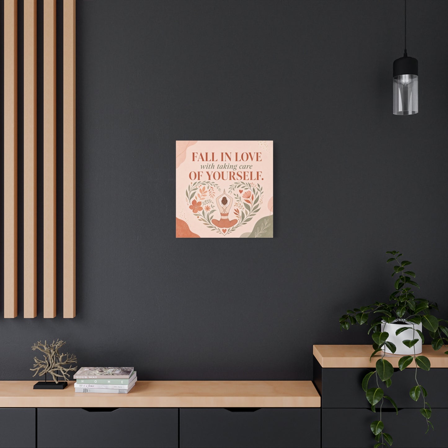 "Fall In Love With Taking Care Of Yourself." Inspirational Canvas Wall Art - Yoga Woman Floral Quote Print - Bohemian Modern Sage Blush Decor - Living Room Wall Decor - Bedroom Home Decoration