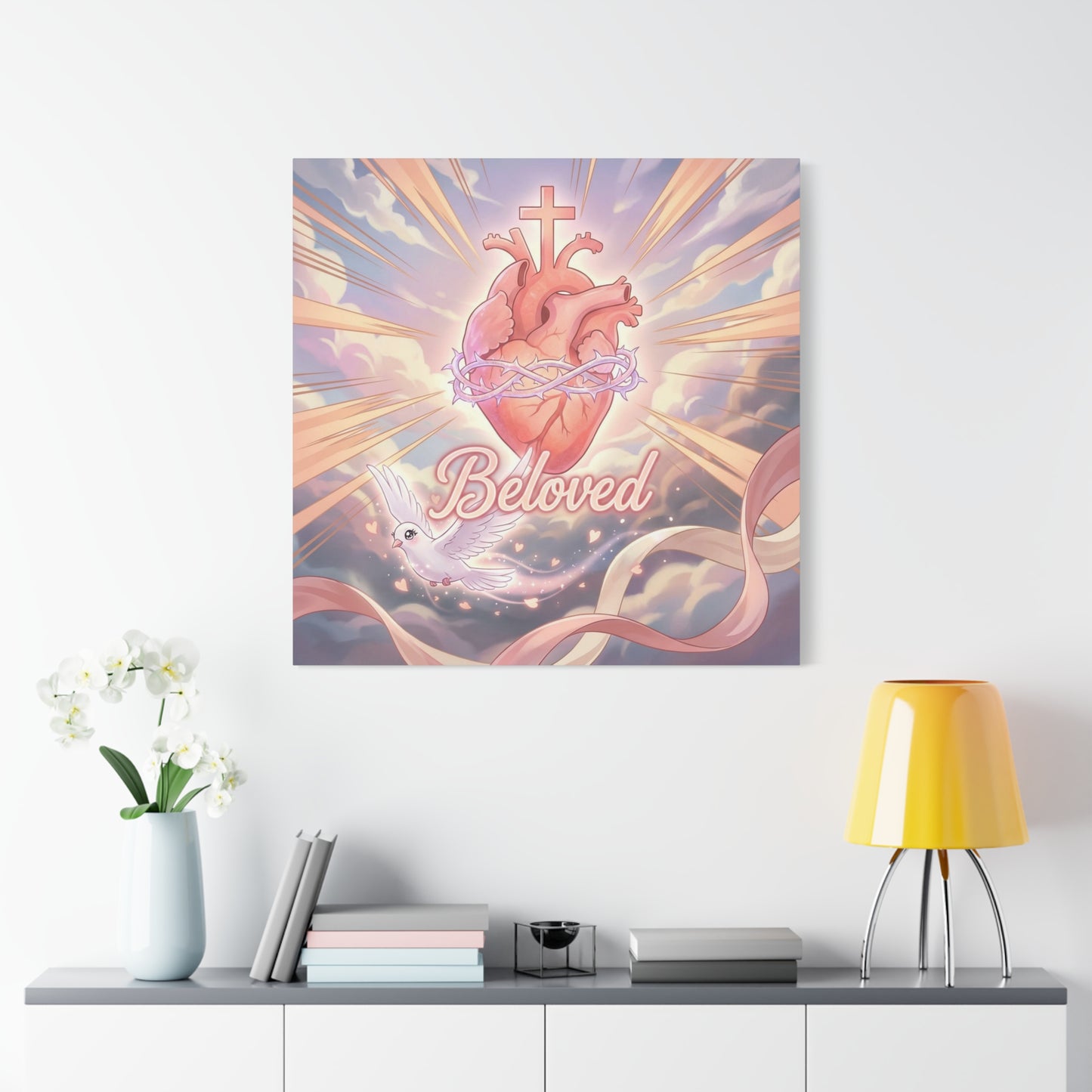 "Beloved" Sacred Heart Canvas Wall Art - Cross, Dove, Crown Of Thorns Christian Decor - Pink Pastel Religious Print - Inspirational Bedroom Home Decoration, Living Room Wall Decor - Ready to Hang