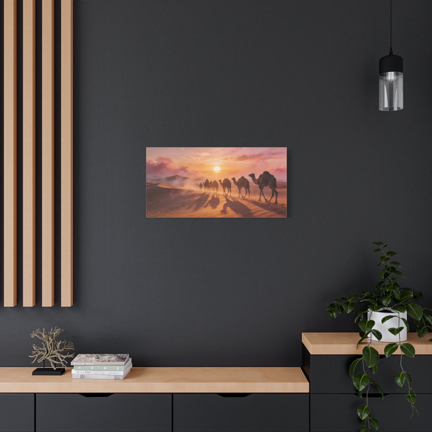 Desert Camel Caravan Canvas Wall Art - Sunset Sand Dunes, Golden Horizon, Matte Finish Canvas Print - Contemporary Landscape Style - Living Room Wall Decor, Bedroom Home Decoration - Ready to Hang