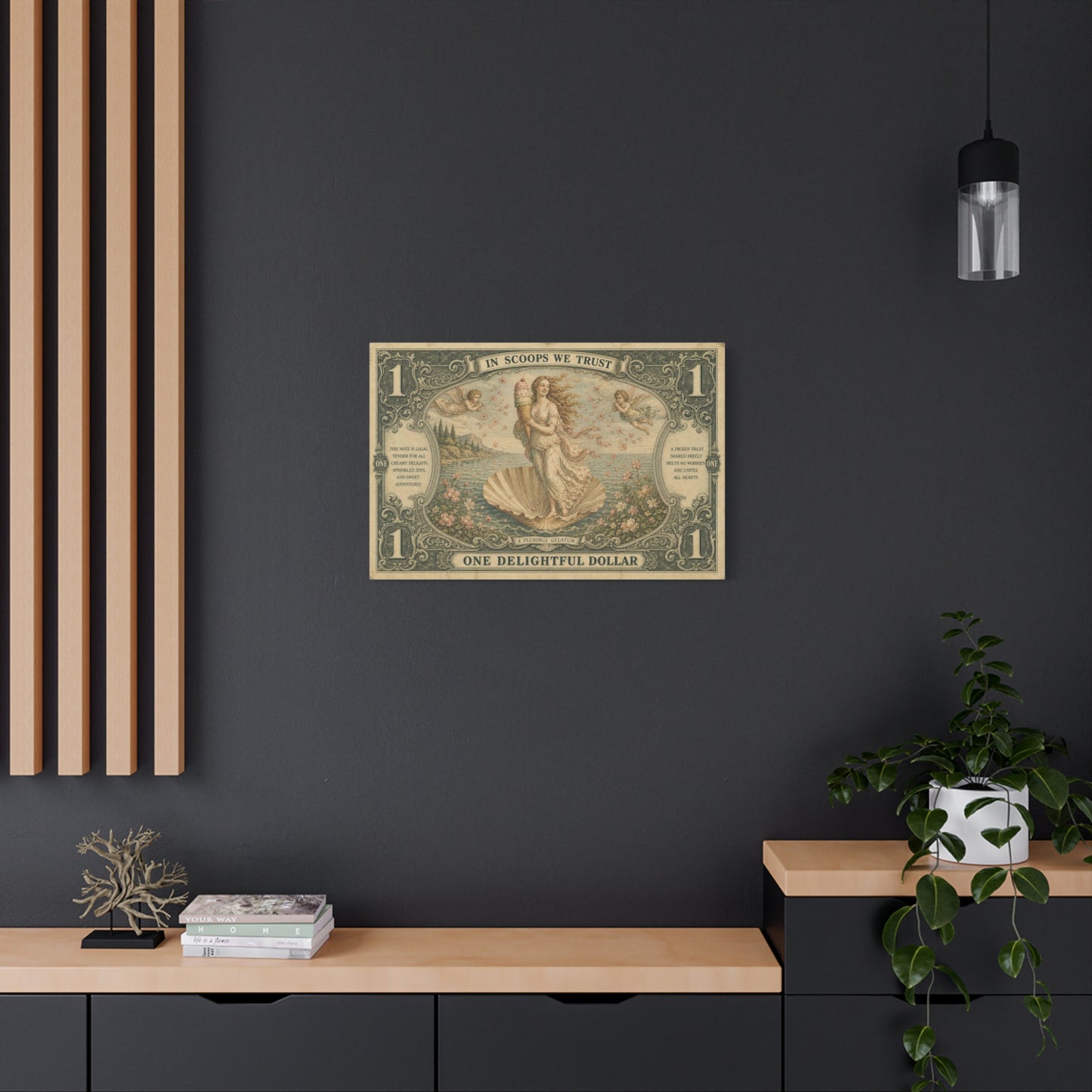 "In Scoops We Trust" Ice Cream Venus Canvas Wall Art - Vintage Parody Currency Print, Mythological Seaside Illustration, Whimsical Retro Decor, Living Room Bedroom Office Accent - Office Wall Art