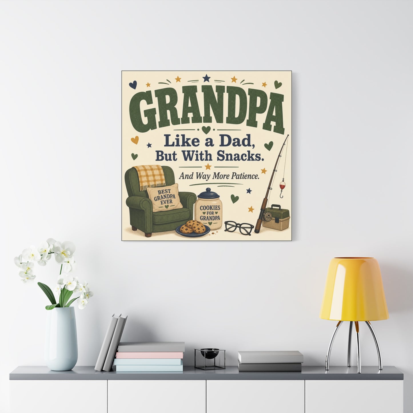 "Grandpa Like A Dad, But With Snacks. And Way More Patience." Canvas Wall Art - Rustic Typography Grandpa Quote Print, Farmhouse Living Room Decor - Office Wall Art - Bedroom Home Decoration