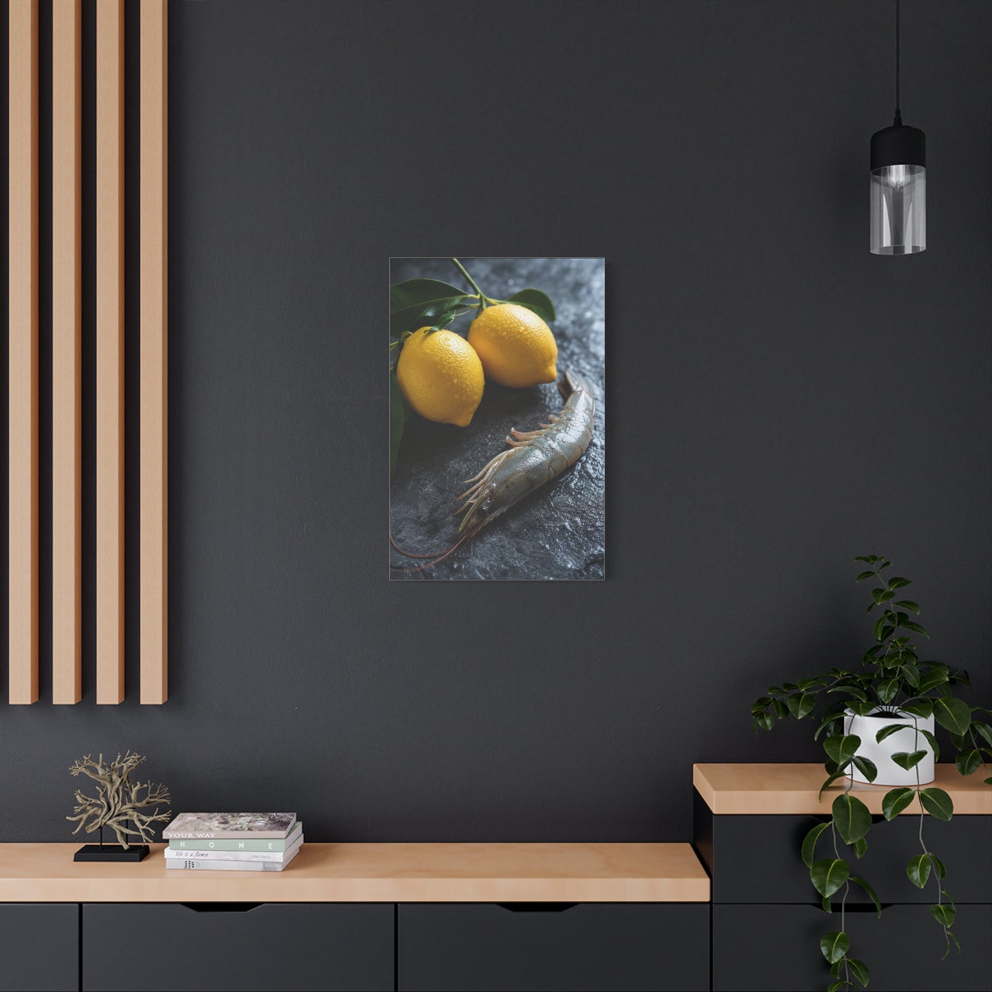 Lemon And Shrimp Canvas Wall Art - Still Life Food Art Print, Moody Kitchen Decor - Matte Cotton Art Print - Contemporary Dining Room Accent, Coastal Restaurant Wall Decor - Bedroom Home Decoration