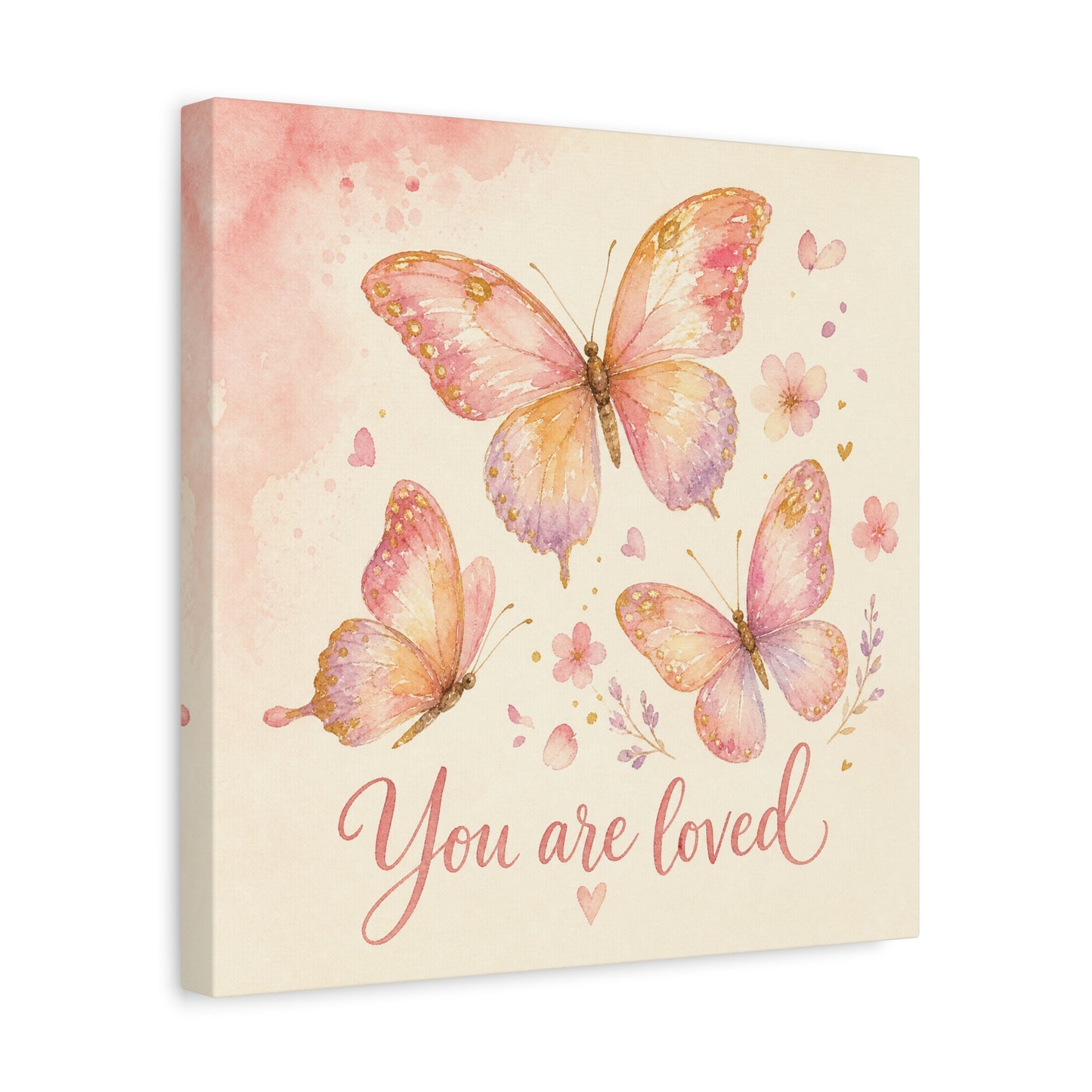 "You Are Loved" Butterfly Canvas Wall Art - Pink Watercolor Butterflies, Inspirational Nursery Decor - Soft Pastel Floral Home Decoration - Bedroom Wall Hanging, Baby Girl Room Accent - Ready to Hang