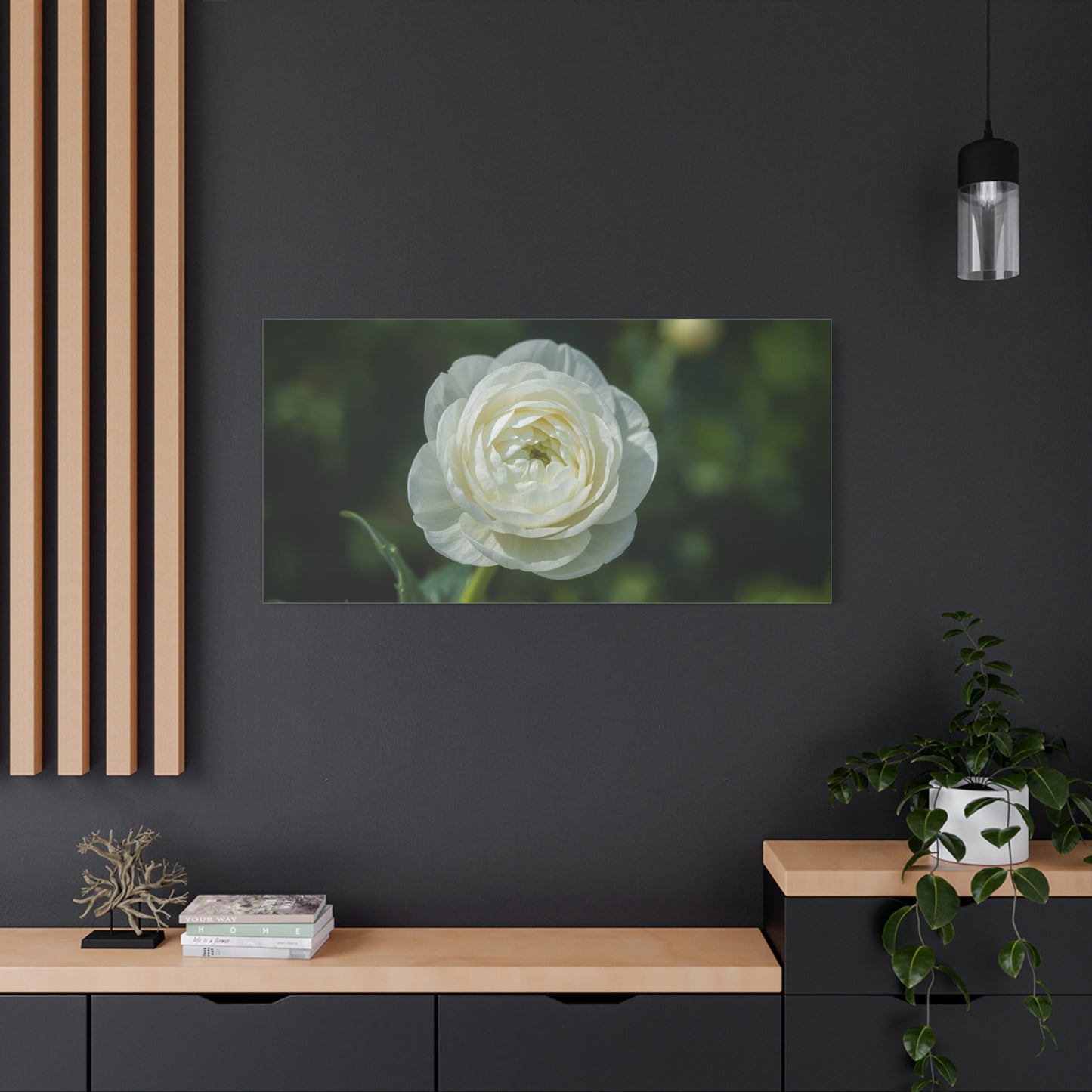 White Ranunculus Flower Canvas Wall Art - Botanical Floral Art Print - Soft Green Background, Matte Cotton Decor - Bedroom Wall Hanging, Bathroom Accent, Spa Style - Bedroom Home Decoration
