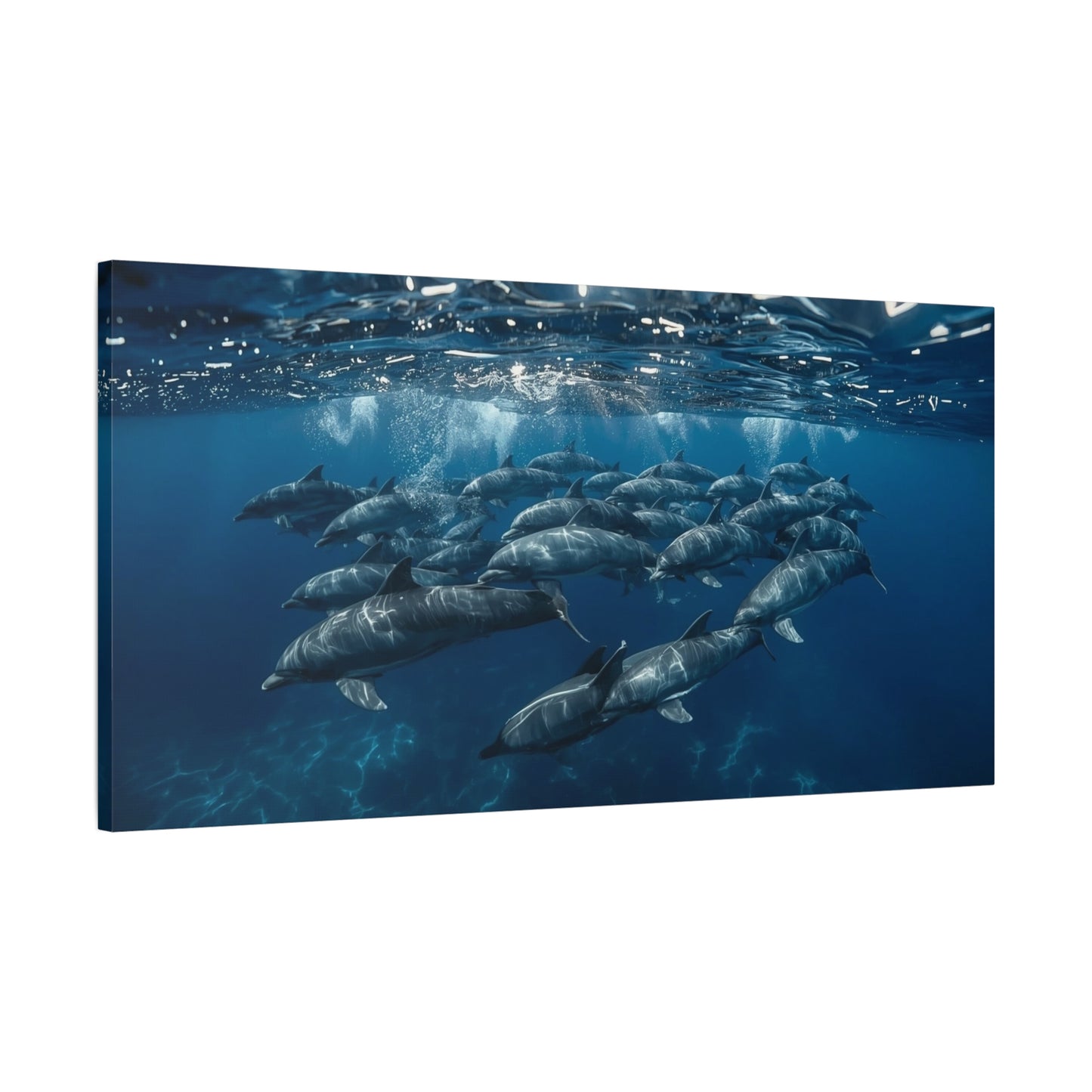 Dolphin Pod Canvas Wall Art - Underwater Ocean Art Print, Blue Marine Wildlife Decor - Matte Coastal Style - Living Room Wall Decor, Bedroom Home Decoration - Bedroom Home Decoration