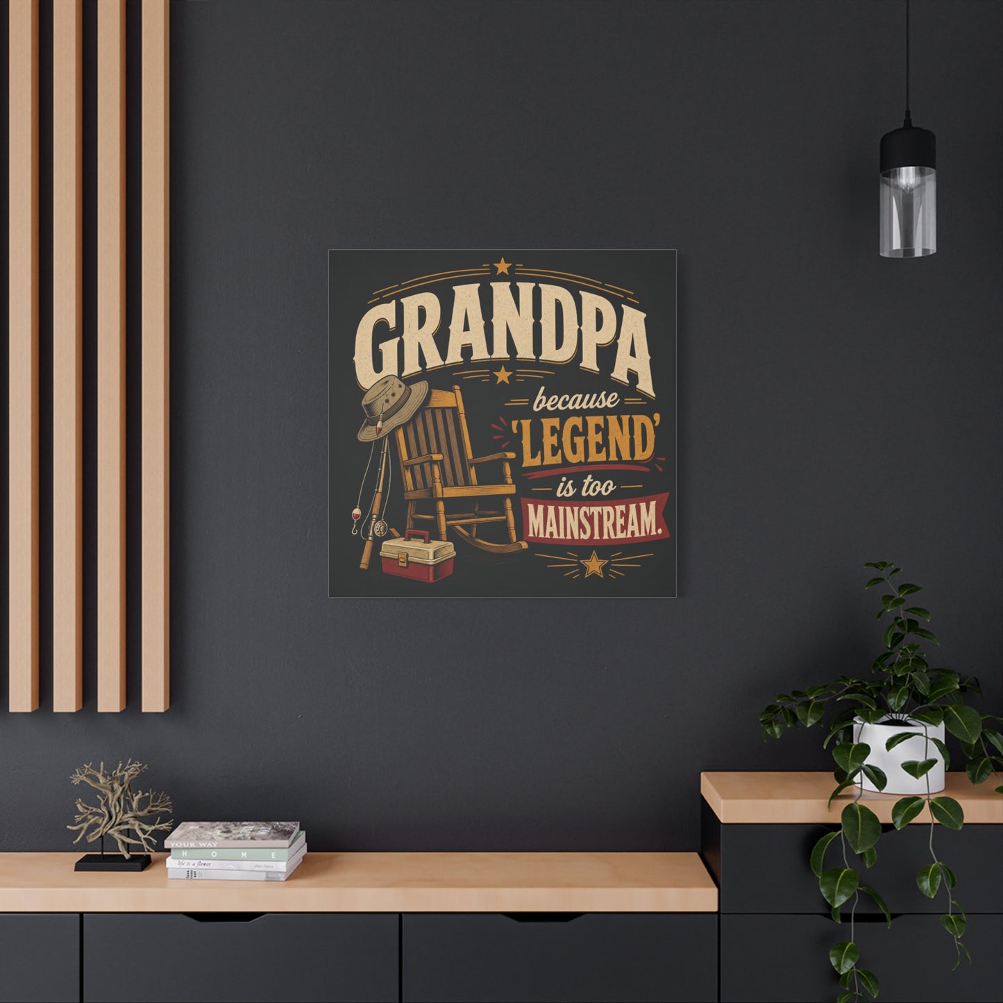 "Grandpa Because 'Legend' Is Too Mainstream" Canvas Wall Art - Vintage Fishing Rocking Chair Print - Rustic Typography Decor - Living Room Wall Decor - Ready to Hang - Bedroom Home Decoration