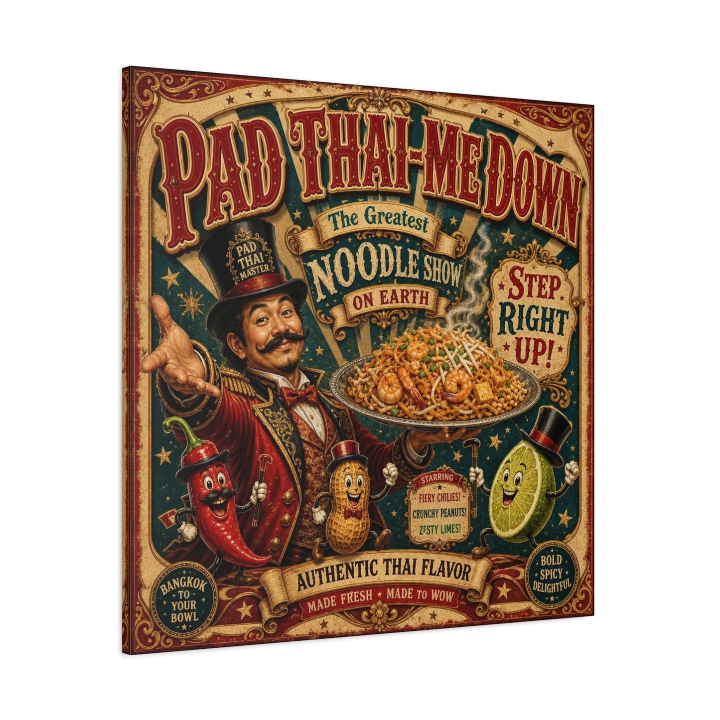 "Pad Thai-Me Down" Canvas Wall Art - Vintage Circus Noodle Poster, Typography Illustration, Whimsical Restaurant Decor, Cafe Wall Decor, Retro Kitchen Accent, Matte Canvas Print - Ready to Hang