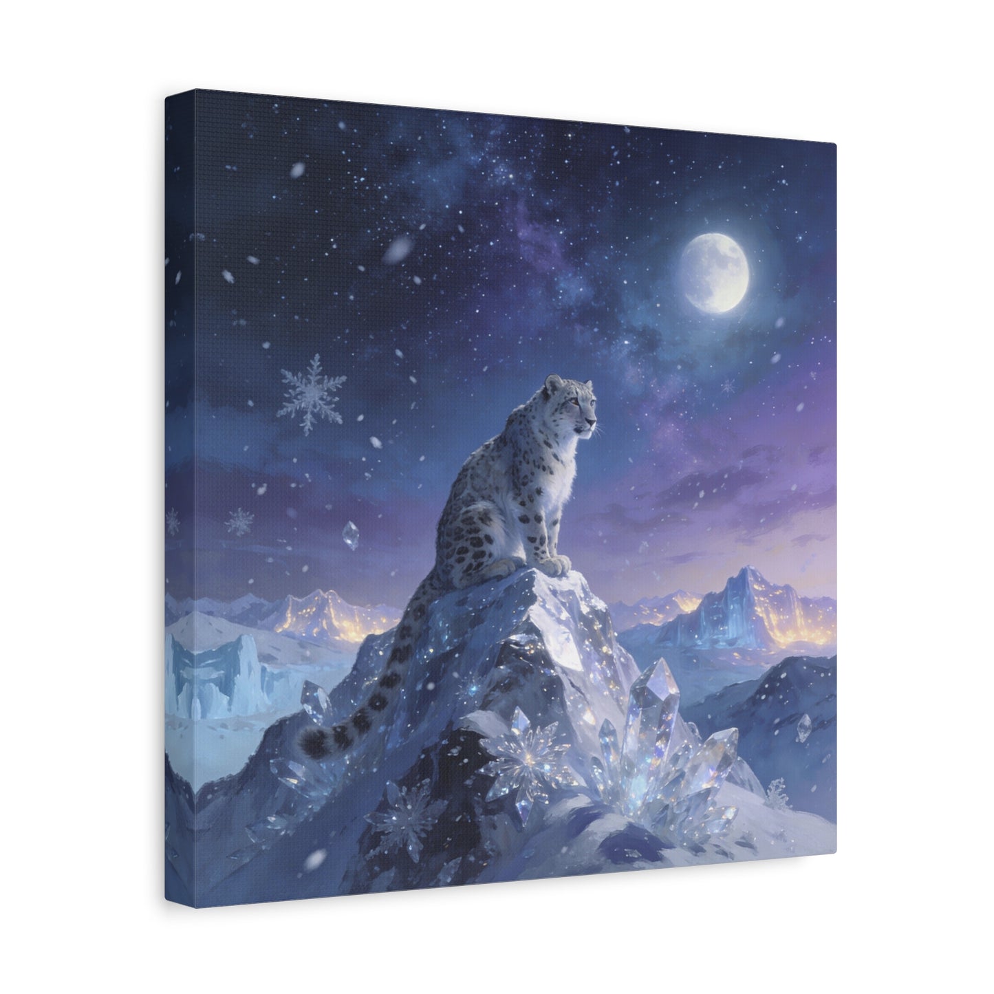 Snow Leopard Canvas Wall Art - Moonlit Arctic Crystal Landscape, Fantasy Wildlife Print - Matte Cotton Canvas - Contemporary Winter Style - Living Room Wall Decor Bedroom Home Decoration