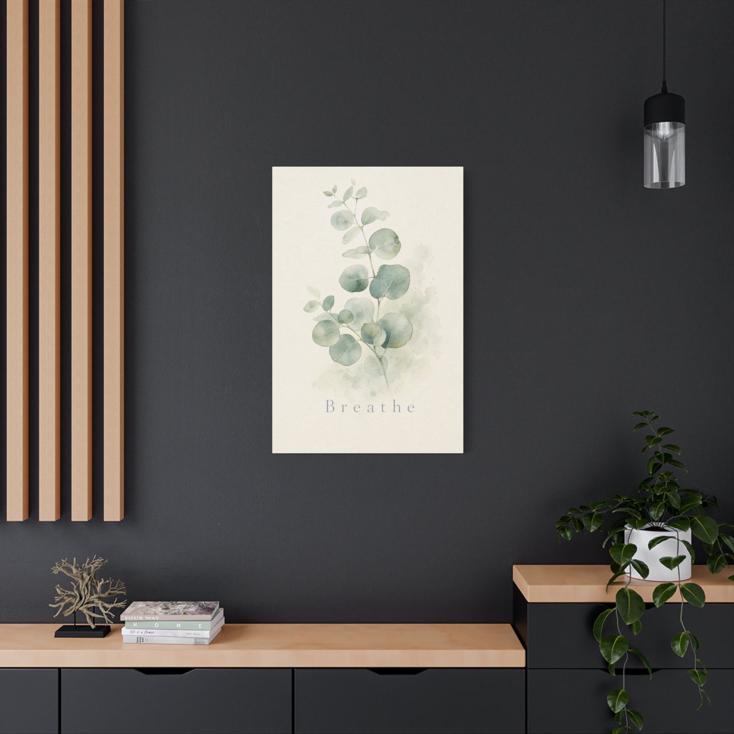 "Breathe" Eucalyptus Canvas Wall Art - Minimalist Botanical Sage Green Wall Decor - Watercolor Leaf Home Decoration - Bedroom Bathroom Spa Style - Calm Nature Print For Living Room - Ready to Hang