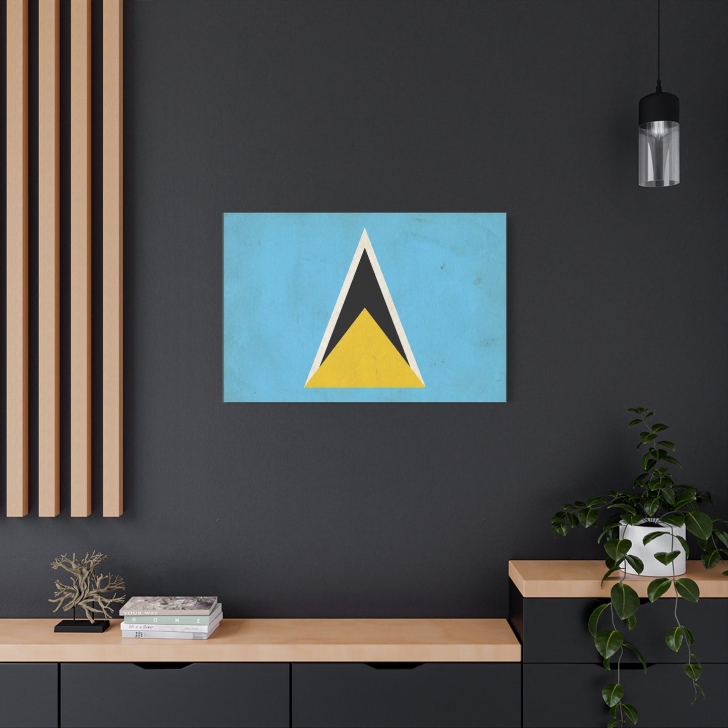 Saint Lucia Flag Canvas Wall Art - Blue Yellow Black Triangle Design, Minimalist Geometric Print - Modern Caribbean Decor - Living Room Wall Decor, Office Art Accent - Bedroom Home Decoration