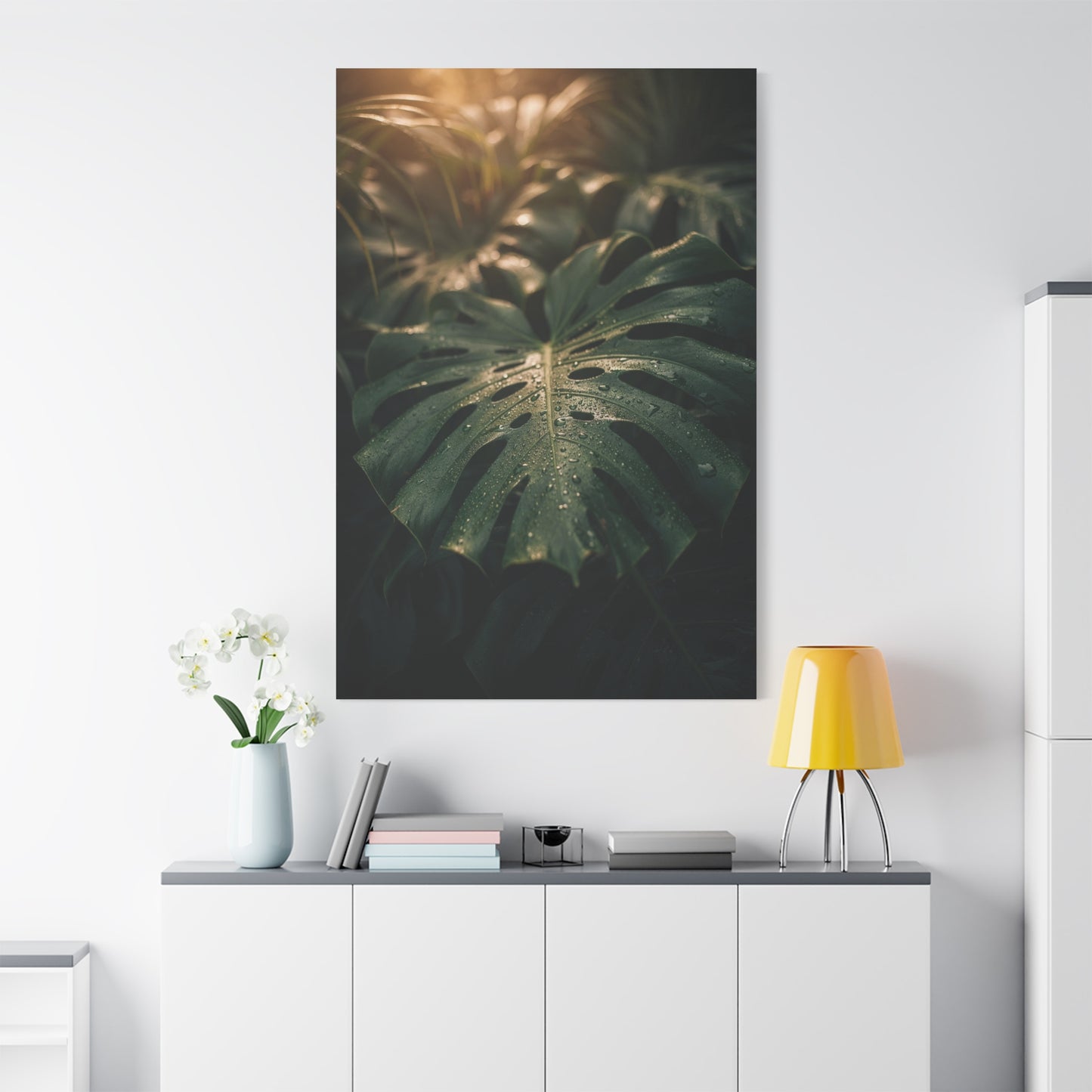 Monstera Leaf Canvas Wall Art - Tropical Botanical Art Print, Moody Green Foliage - Matte Cotton Canvas Print - Bedroom Wall Decor, Bathroom Home Decoration, Spa Style Accent - Cozy Reading Nook Art