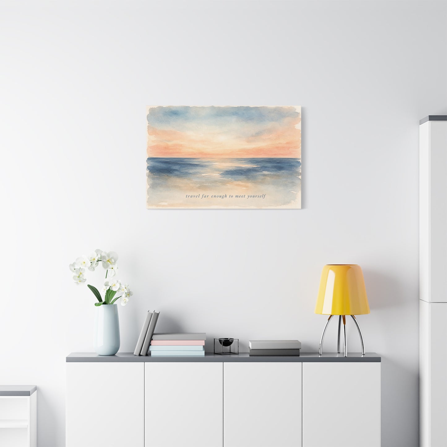 "Travel Far Enough To Meet Yourself" Coastal Canvas Wall Art - Watercolor Ocean Sunset Quote Print - Serene Beach Seascape Decor - Bedroom Living Room Wall Decor - Bedroom Home Decoration