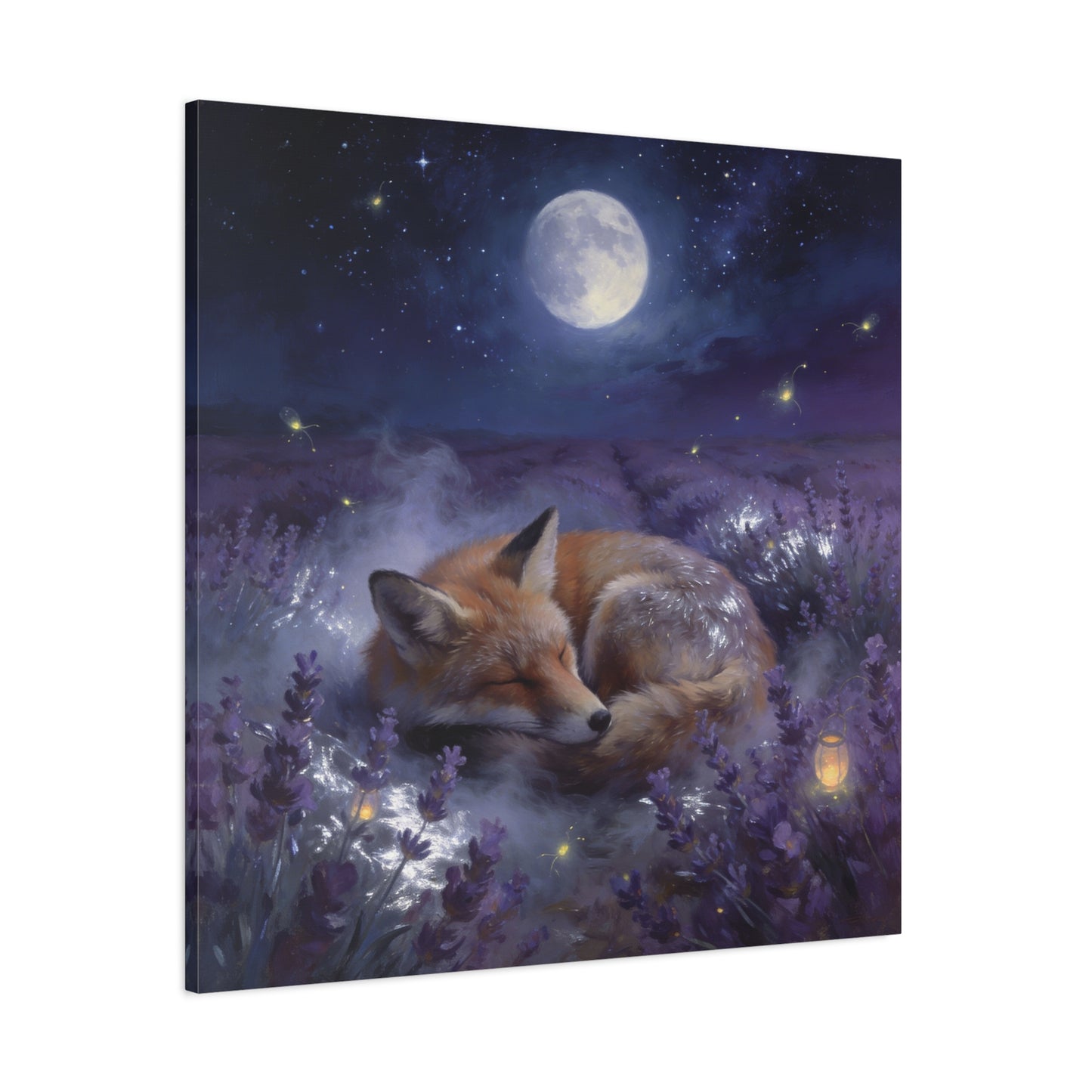 Sleeping Red Fox Canvas Wall Art - Moonlit Lavender Field, Fireflies, Starry Night Sky - Dreamy Woodland Animal Print - Matte Finish Canvas - Bedroom Wall Decor, Nursery Accent - Cozy Reading Nook Art