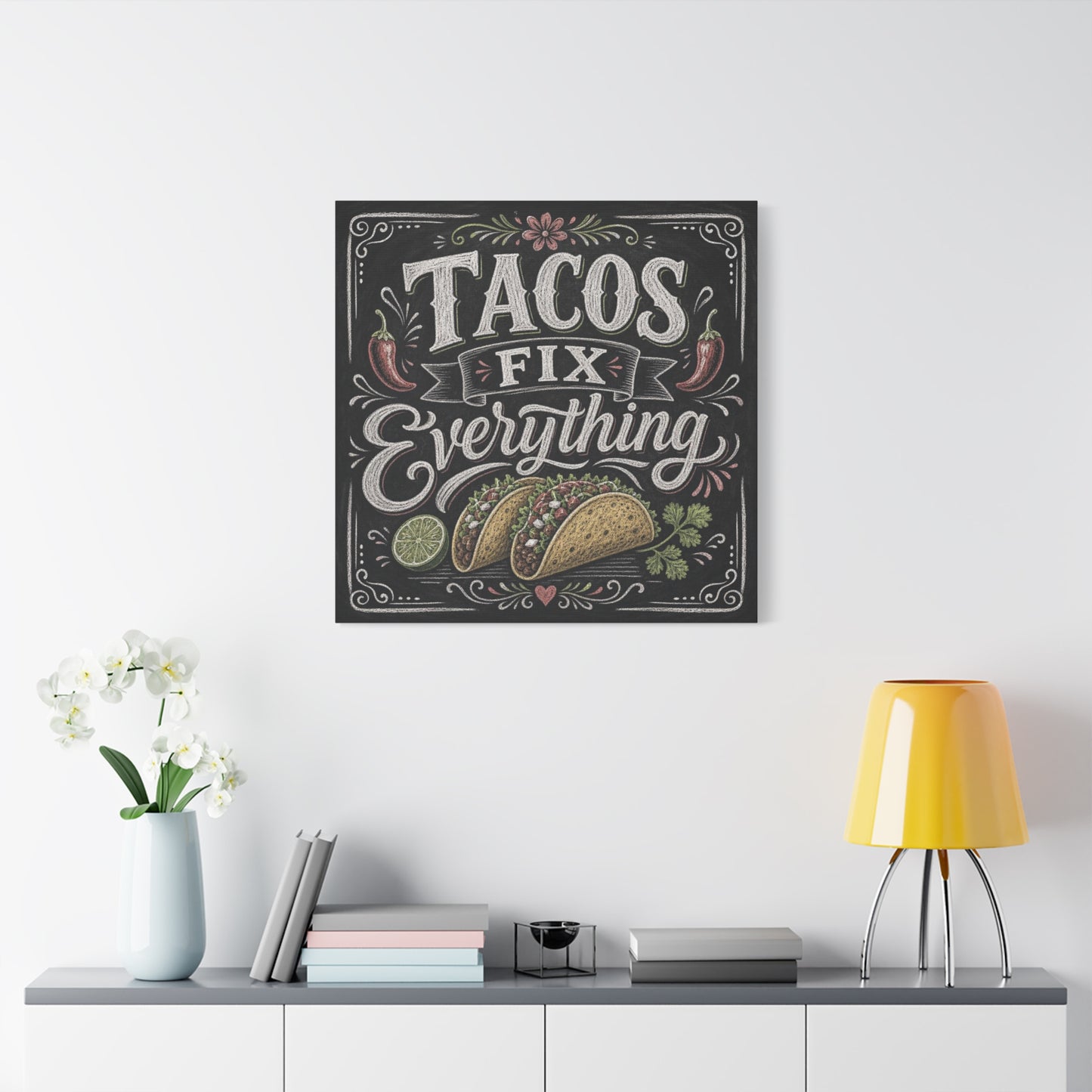 "Tacos Fix Everything" Canvas Wall Art - Chalkboard Taco Kitchen Print, Rustic Typography Decor - Matte Cotton Art Print - Farmhouse Dining Room Accent, Cafe Interior Style - Living Room Wall Decor
