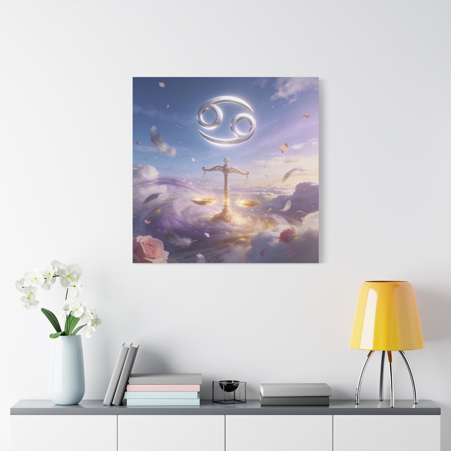 Cancer Zodiac Canvas Wall Art - Celestial Crab Symbol, Golden Libra Scales, Dreamy Sky - Matte Canvas Print, Contemporary Astrology Decor - Bedroom Wall Accent, Meditation Space - Ready to Hang