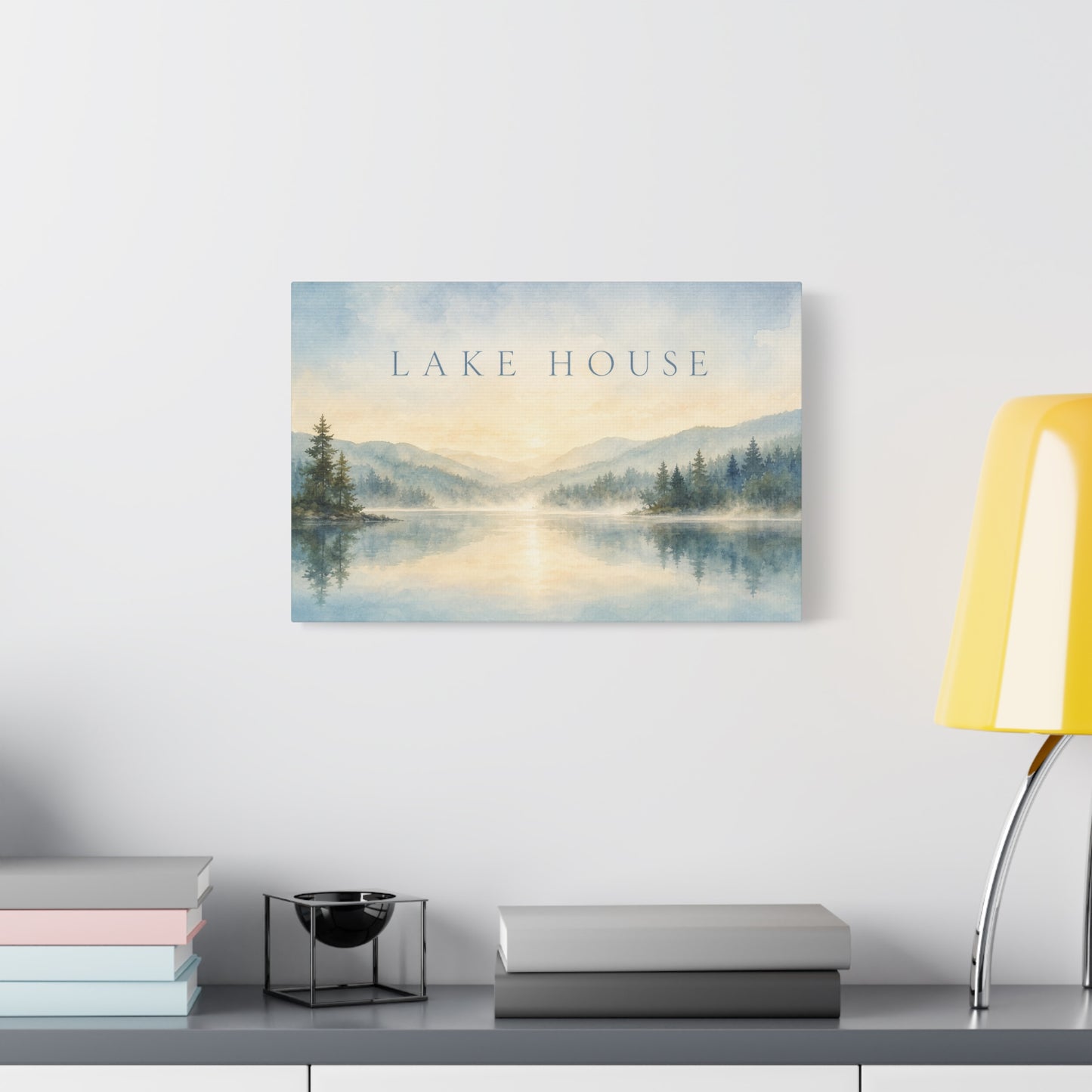 "Lake House" Canvas Wall Art - Misty Mountain Watercolor Landscape Print, Serene Cabin Decor, Rustic Retreat Wall Hanging, Bedroom Home Decoration, Entryway Accent, Vacation Rental Style